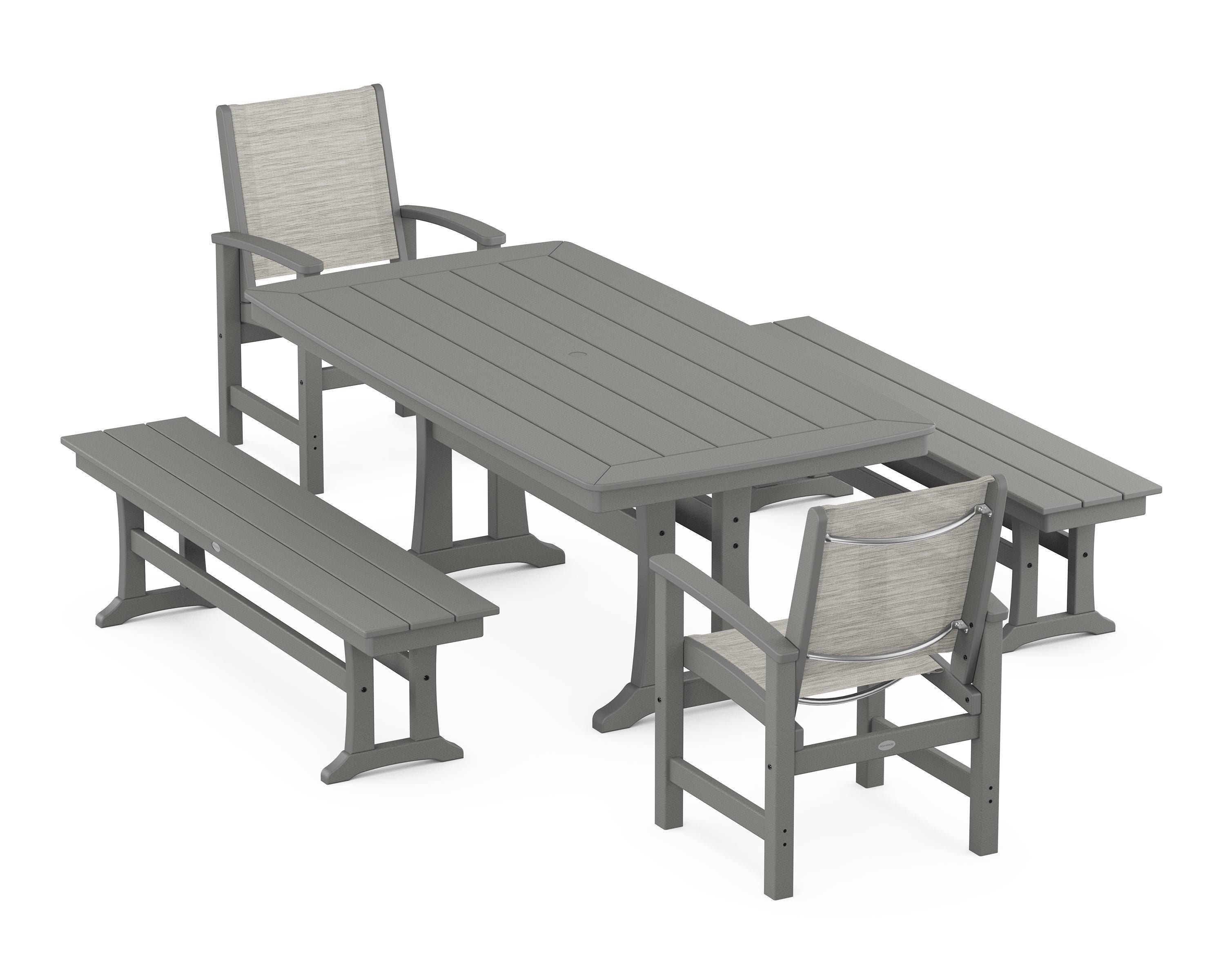 POLYWOOD® Coastal 5-Piece Dining Set with Trestle Legs and Benches in Slate Grey / Birch Sling