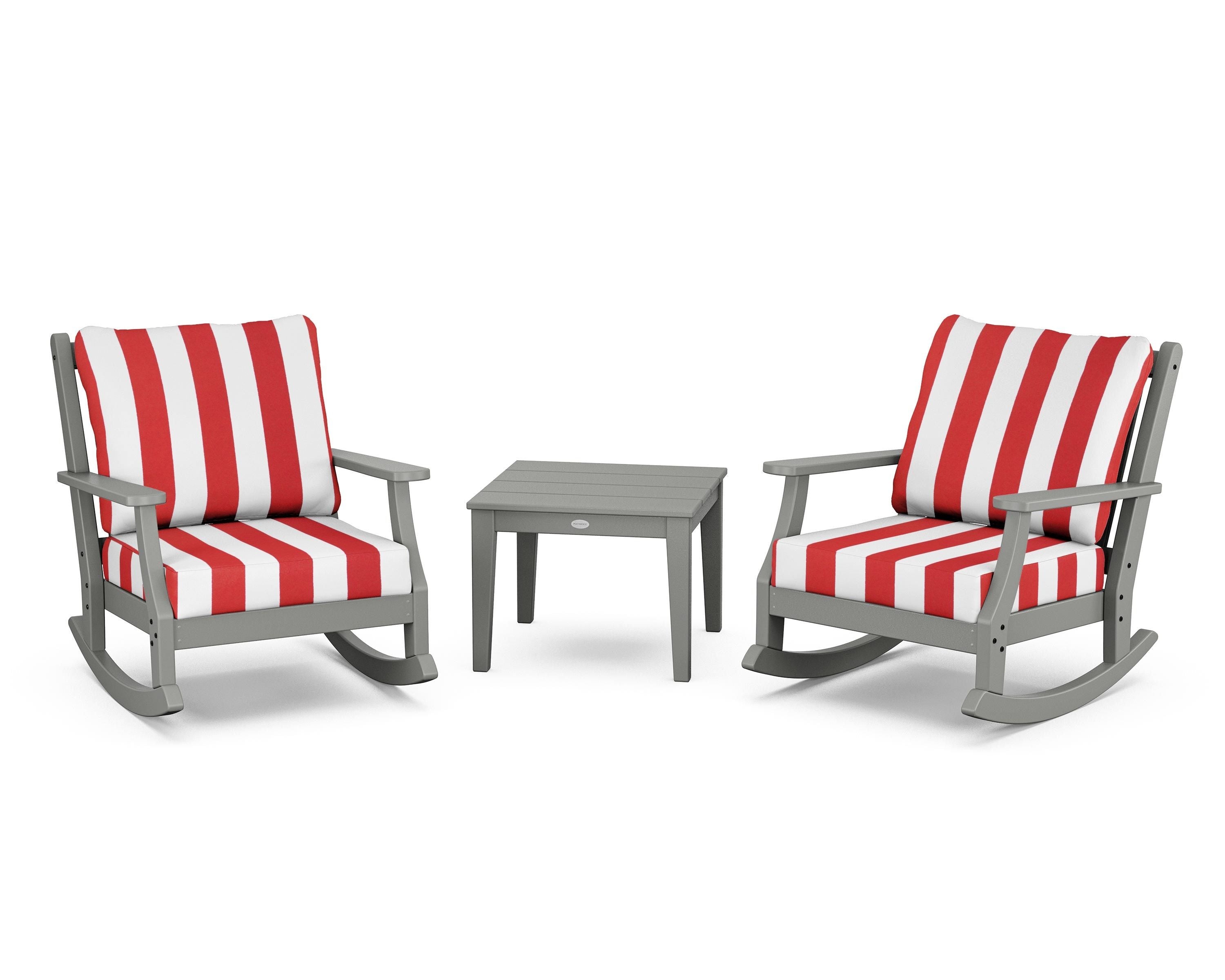 Country Living Wovendale 3-Piece Deep Seating Rocker Set in Slate Grey / Cabana Stripe Crimson