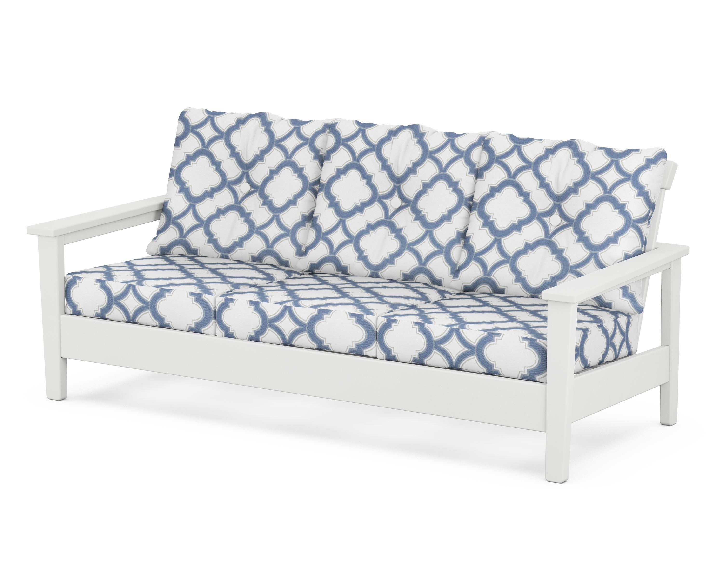 POLYWOOD® Prescott Deep Seating Sofa in White / Trellis Sky Blue