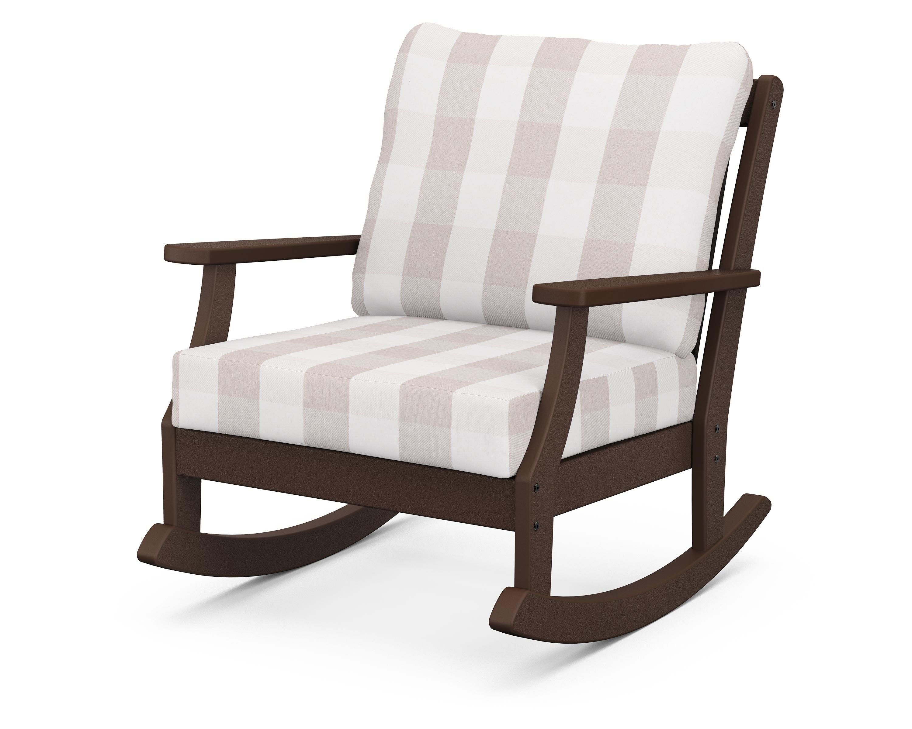 POLYWOOD® Braxton Deep Seating Rocking Chair in Mahogany / Buffalo Plaid Dune Burlap