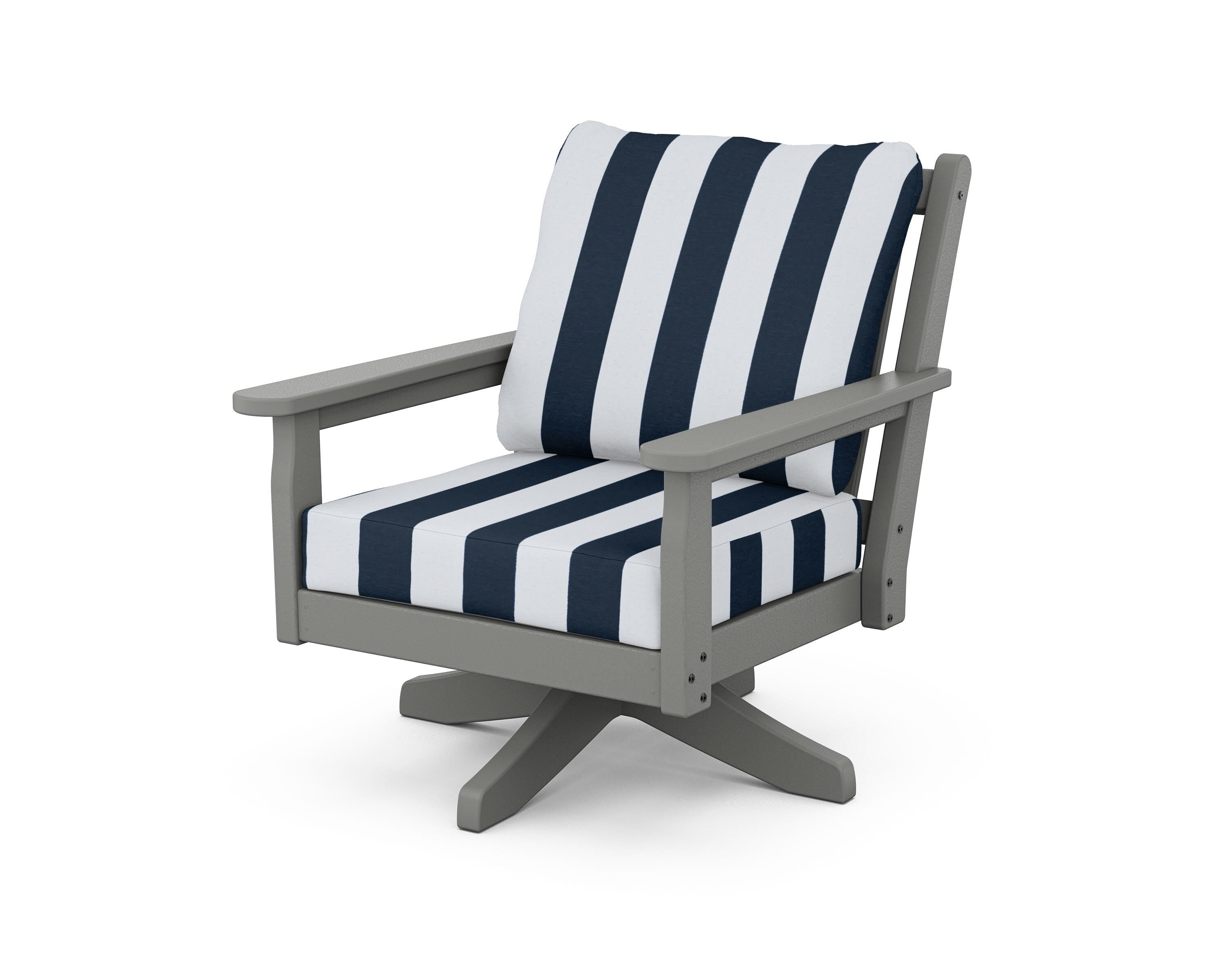 POLYWOOD® Chippendale Deep Seating Swivel Chair in Slate Grey / Cabana Stripe Marine Indigo
