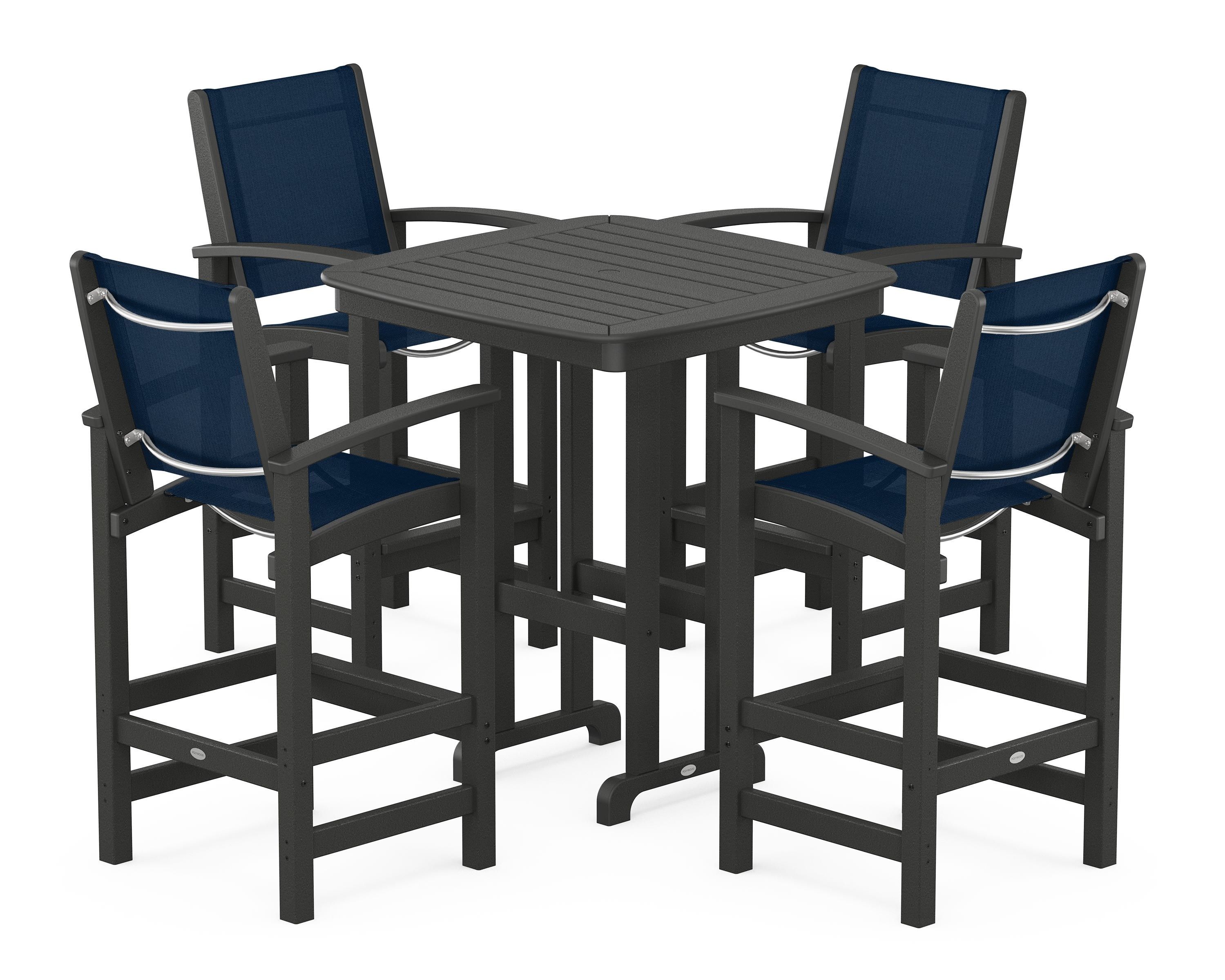 POLYWOOD® Coastal 5-Piece Bar Set in Black / Navy Blue Sling