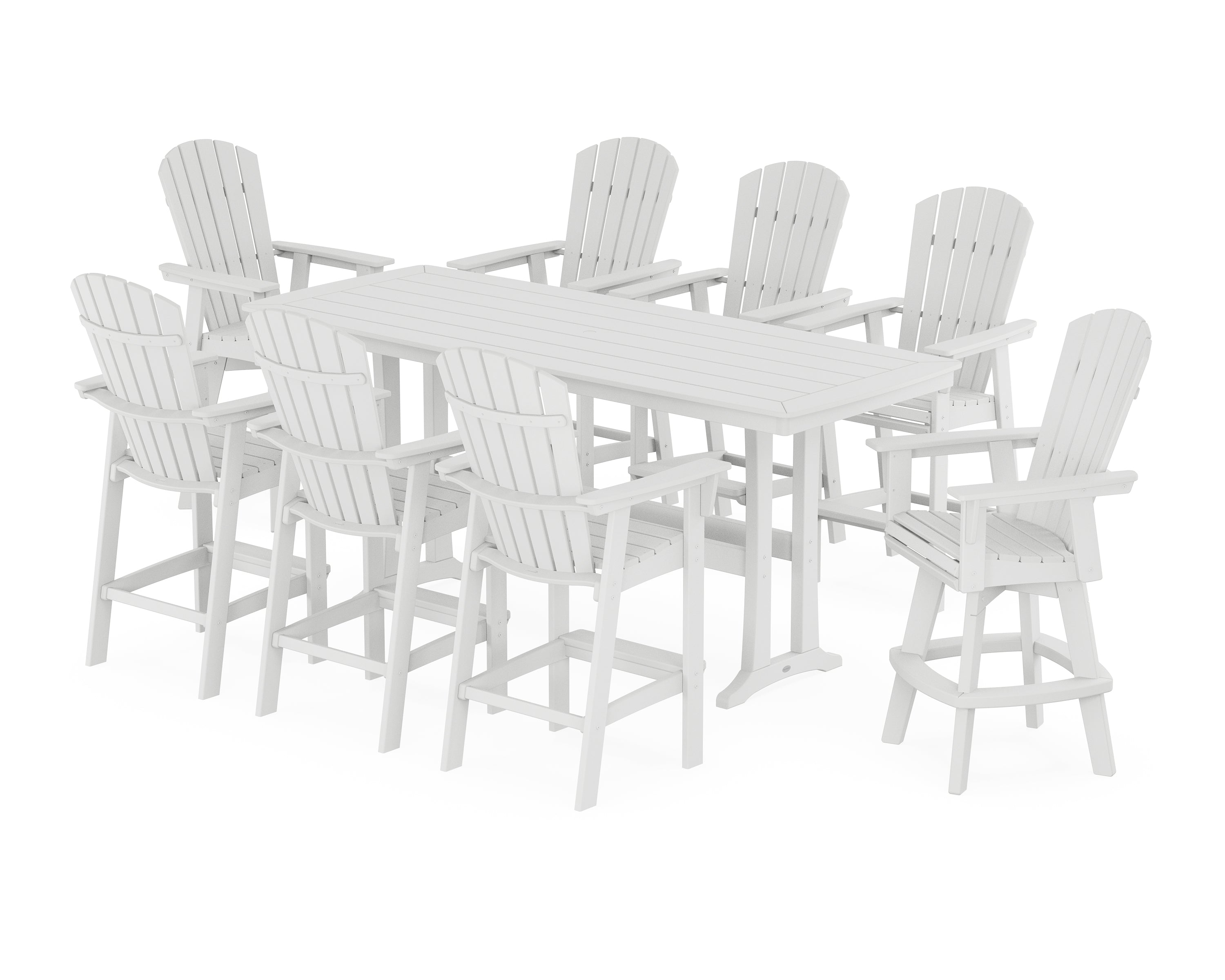 POLYWOOD® Nautical Curveback Adirondack Swivel 9-Piece Bar Set with Trestle Legs in White