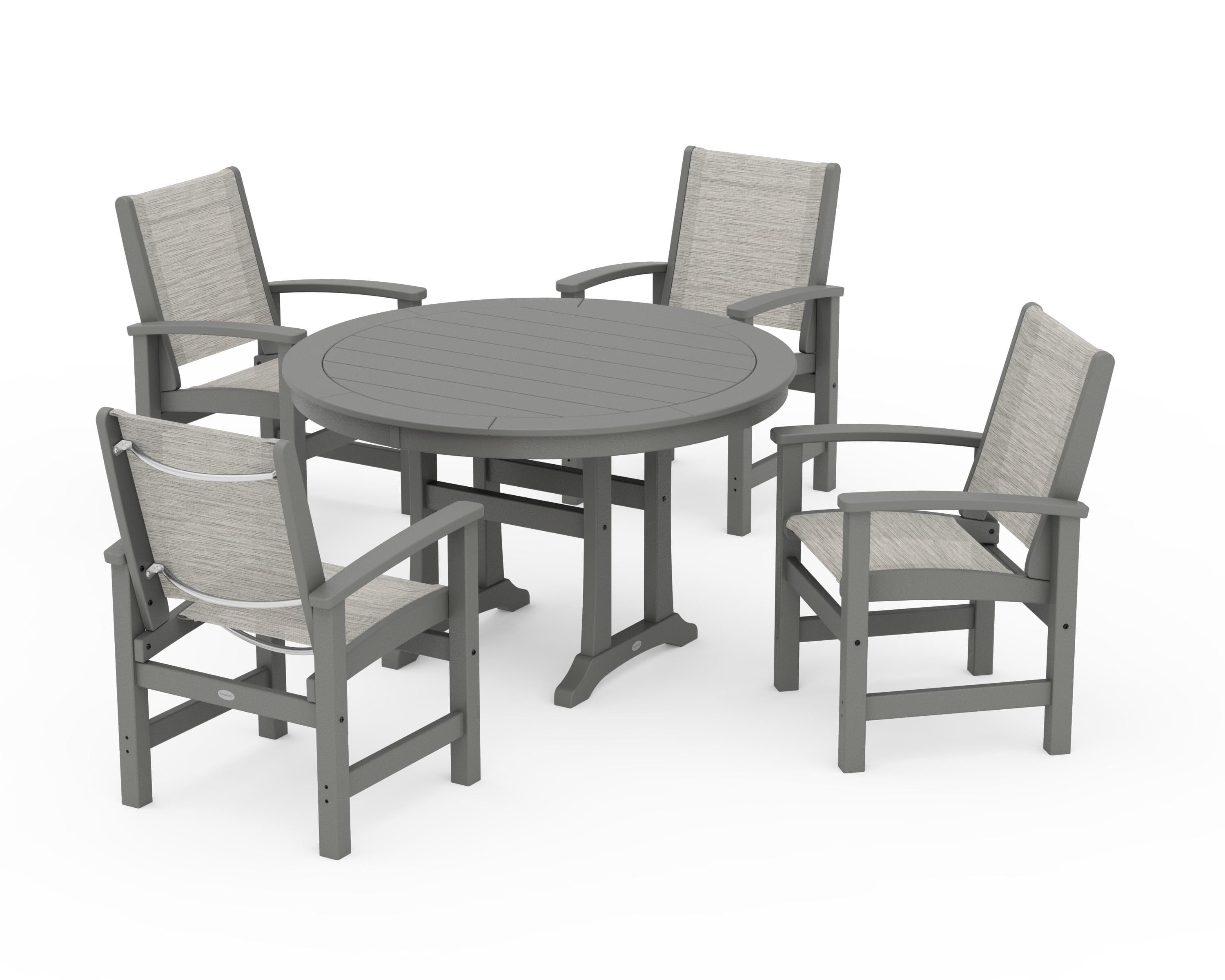POLYWOOD® Coastal 5-Piece Round Dining Set with Trestle Legs in Slate Grey / Birch Sling