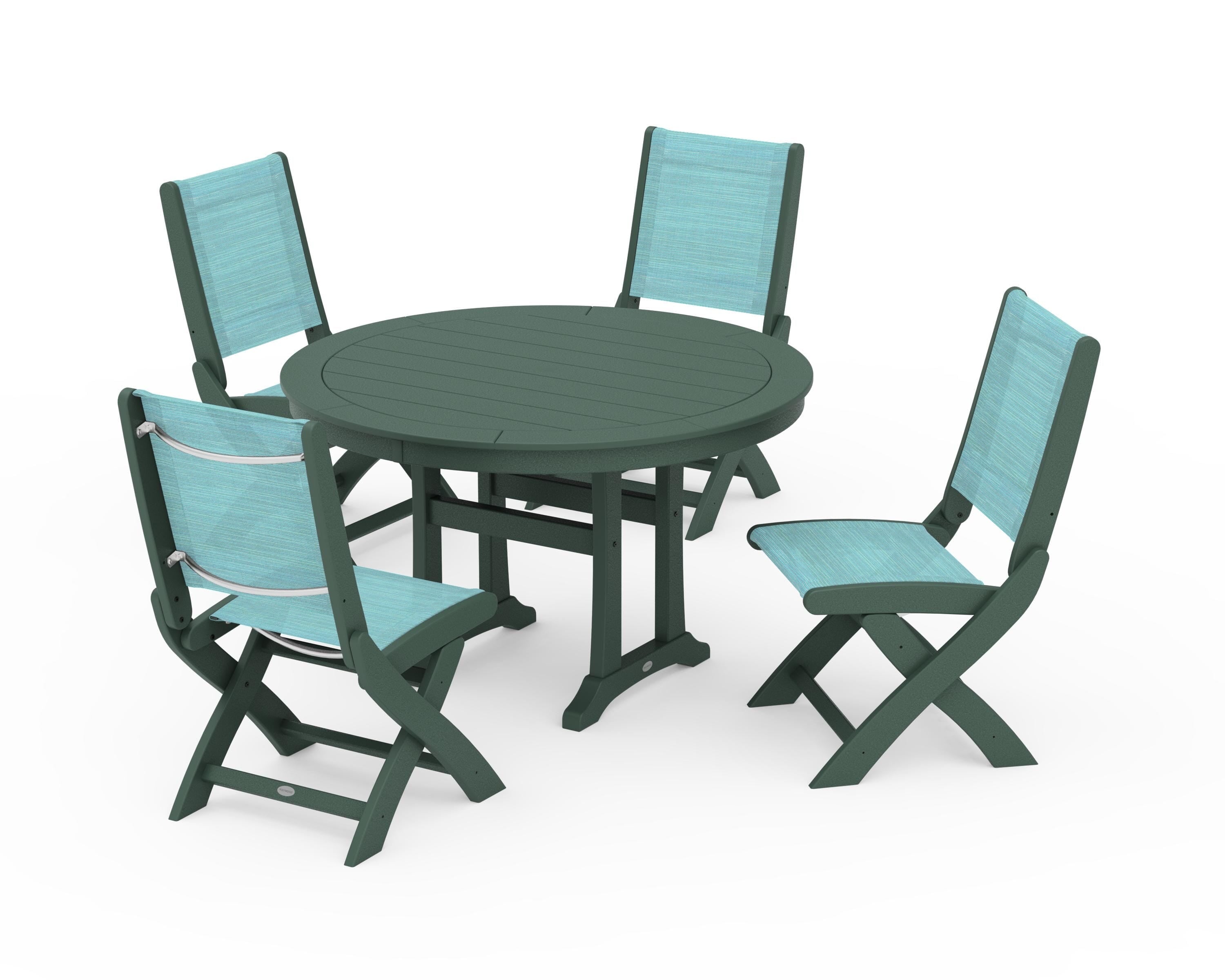 POLYWOOD® Coastal Folding Side Chair 5-Piece Round Dining Set With Trestle Legs in Green / Dupioni Aquamarine Sling