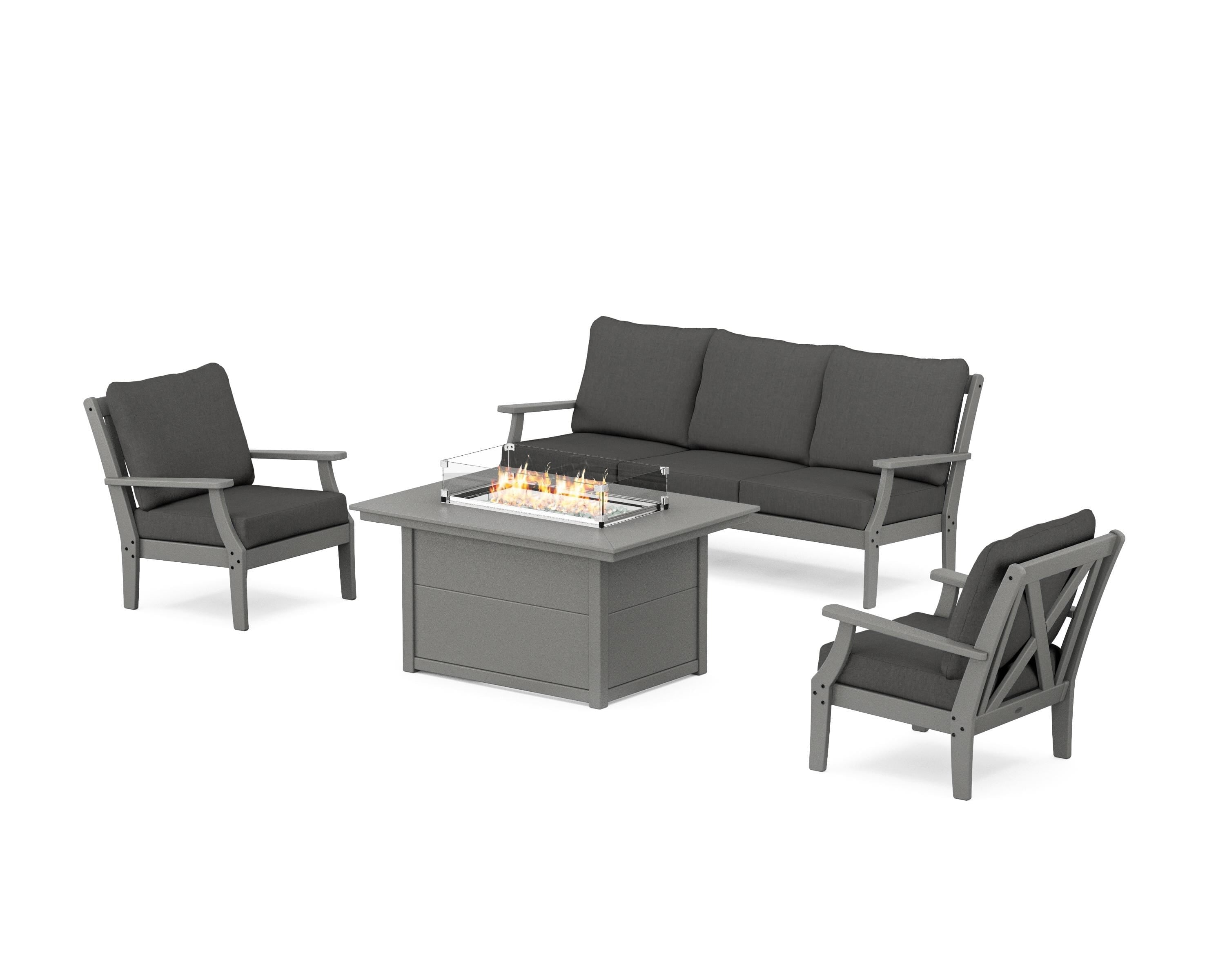 POLYWOOD® Braxton Deep Seating Fire Pit Table Set in Slate Grey / Spectrum Carbon