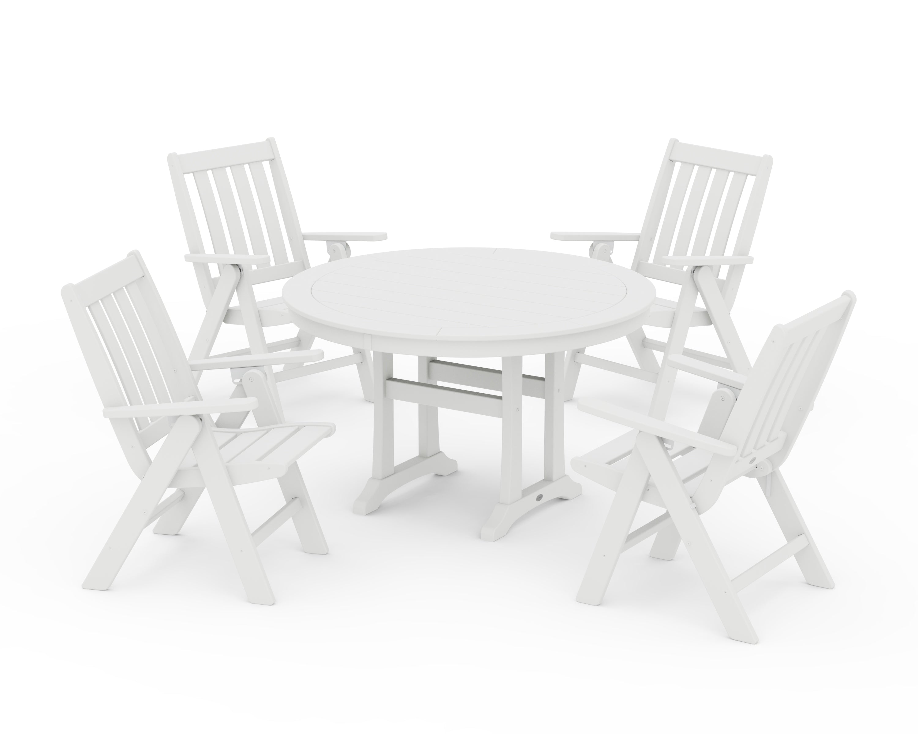 POLYWOOD® Vineyard Folding Chair 5-Piece Round Dining Set with Trestle Legs in White
