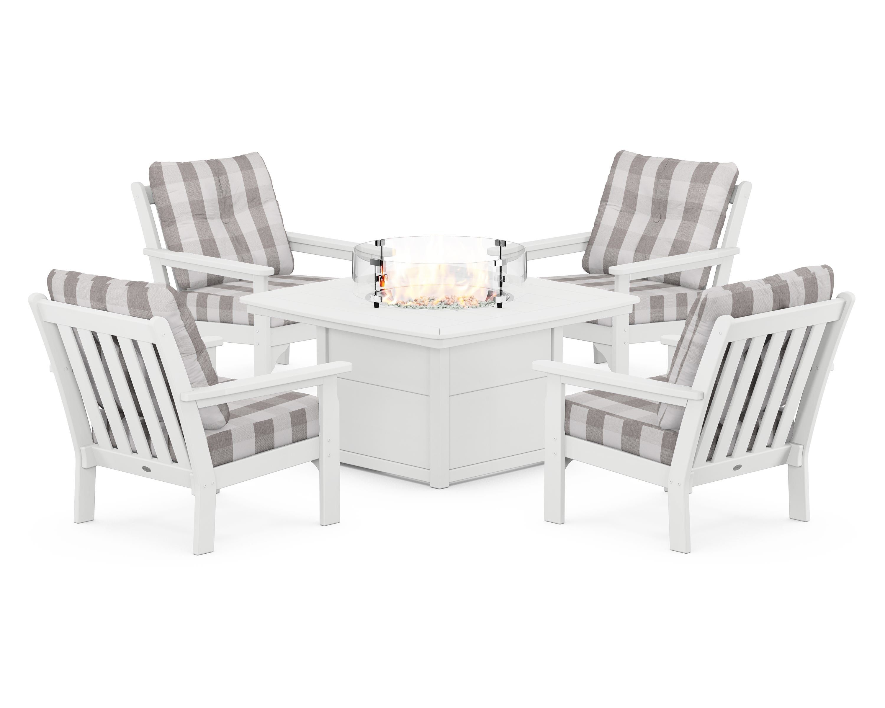 POLYWOOD® Vineyard 5-Piece Conversation Set with Fire Pit Table in White / Buffalo Plaid Grey Mist