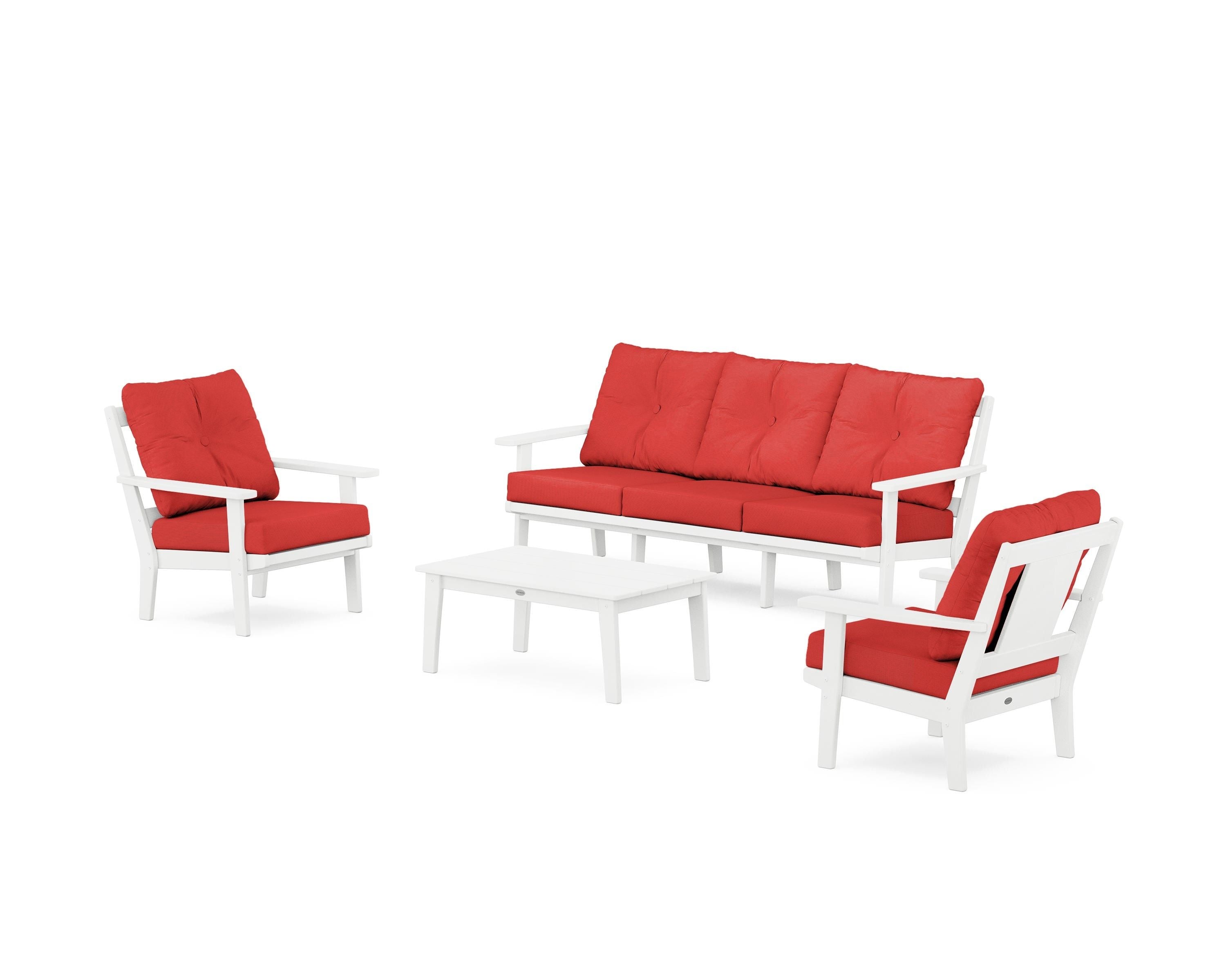 POLYWOOD® Prairie 4-Piece Deep Seating Set with Sofa in White / Crimson Linen