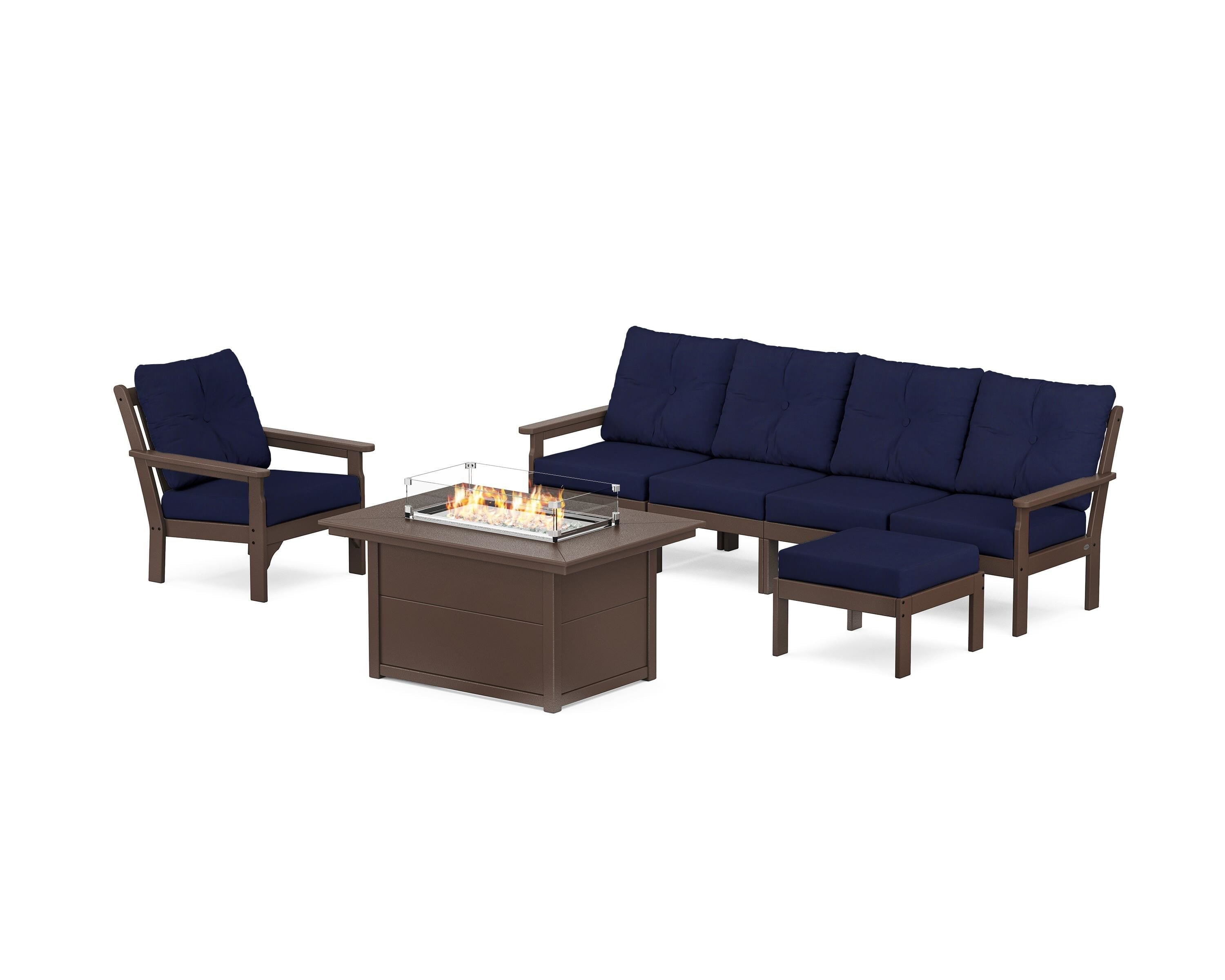POLYWOOD® Vineyard Sectional Lounge and Fire Pit Set in Mahogany / Navy