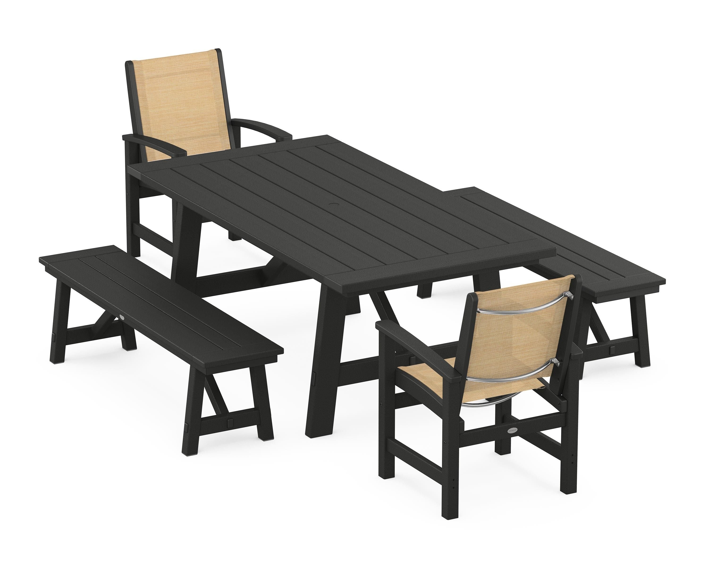 POLYWOOD® Coastal 5-Piece Rustic Farmhouse Dining Set With Benches in Black / Dupioni Apricot Sling