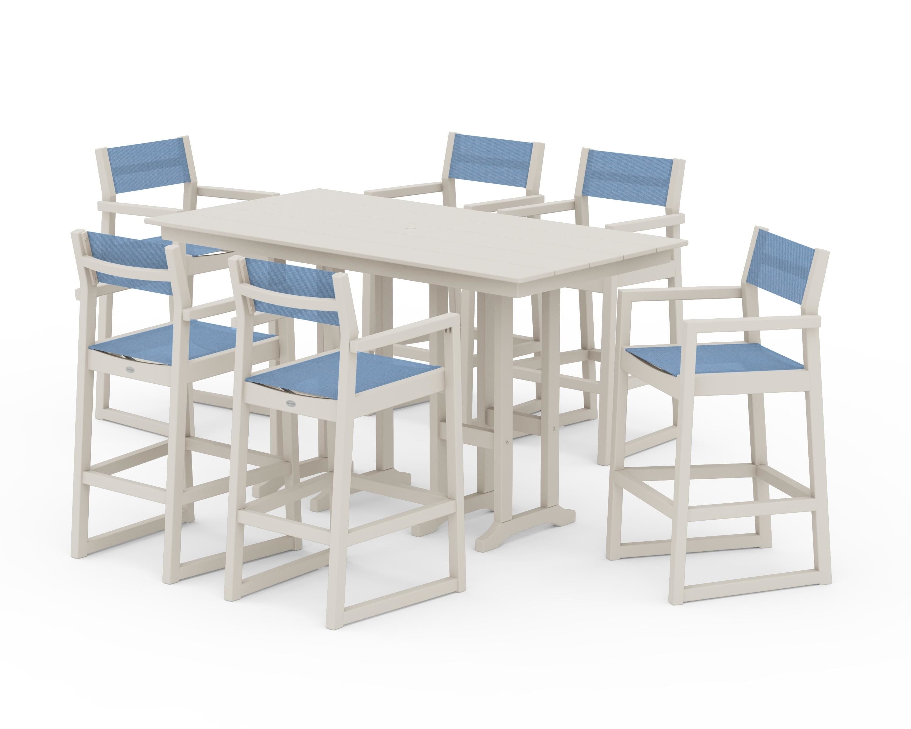 POLYWOOD® EDGE Sling Arm Chair 7-Piece Farmhouse Bar Set in Sand / Poolside Sling