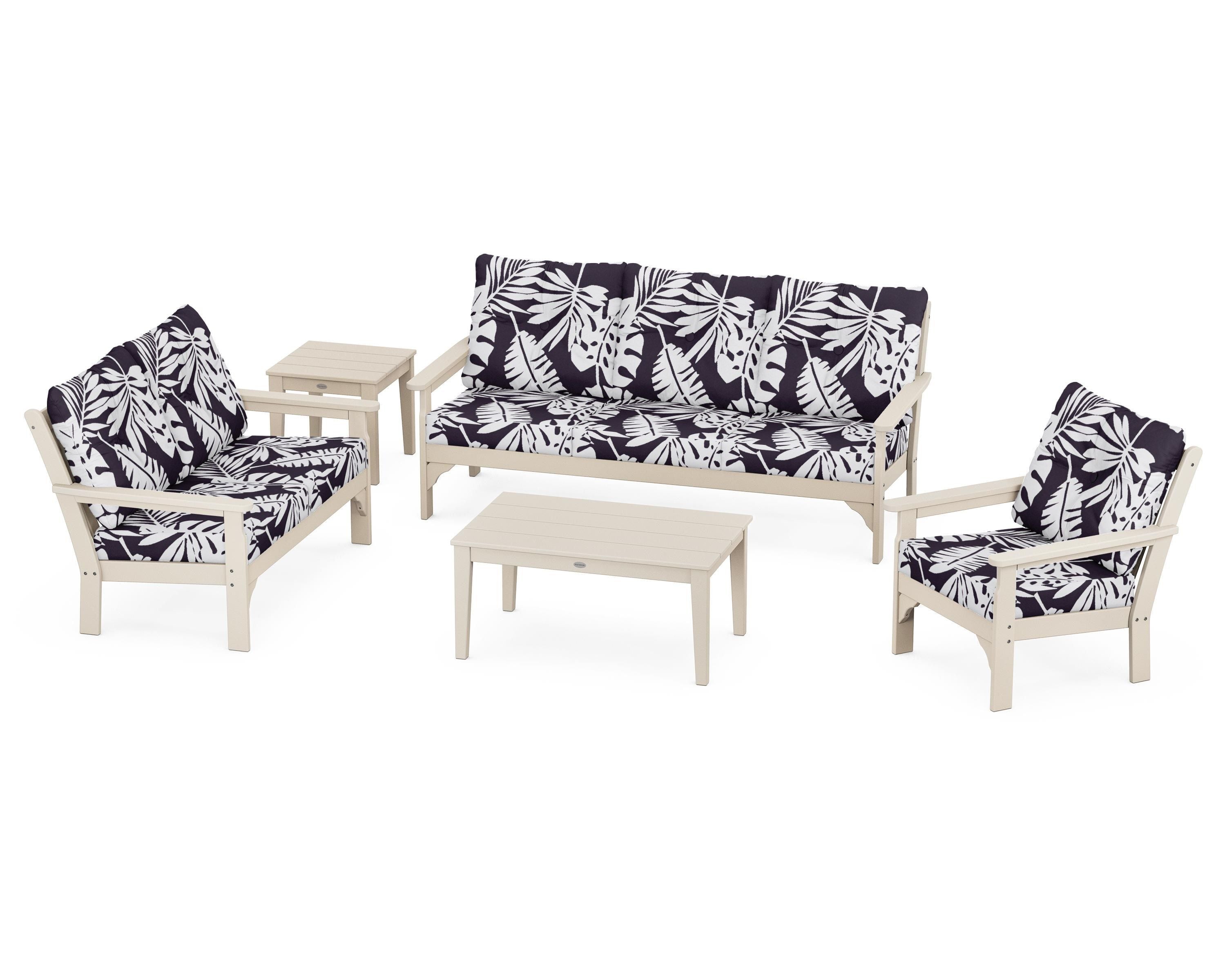 POLYWOOD® Vineyard 5 Piece Deep Seating Set in Sand / Leaf Navy