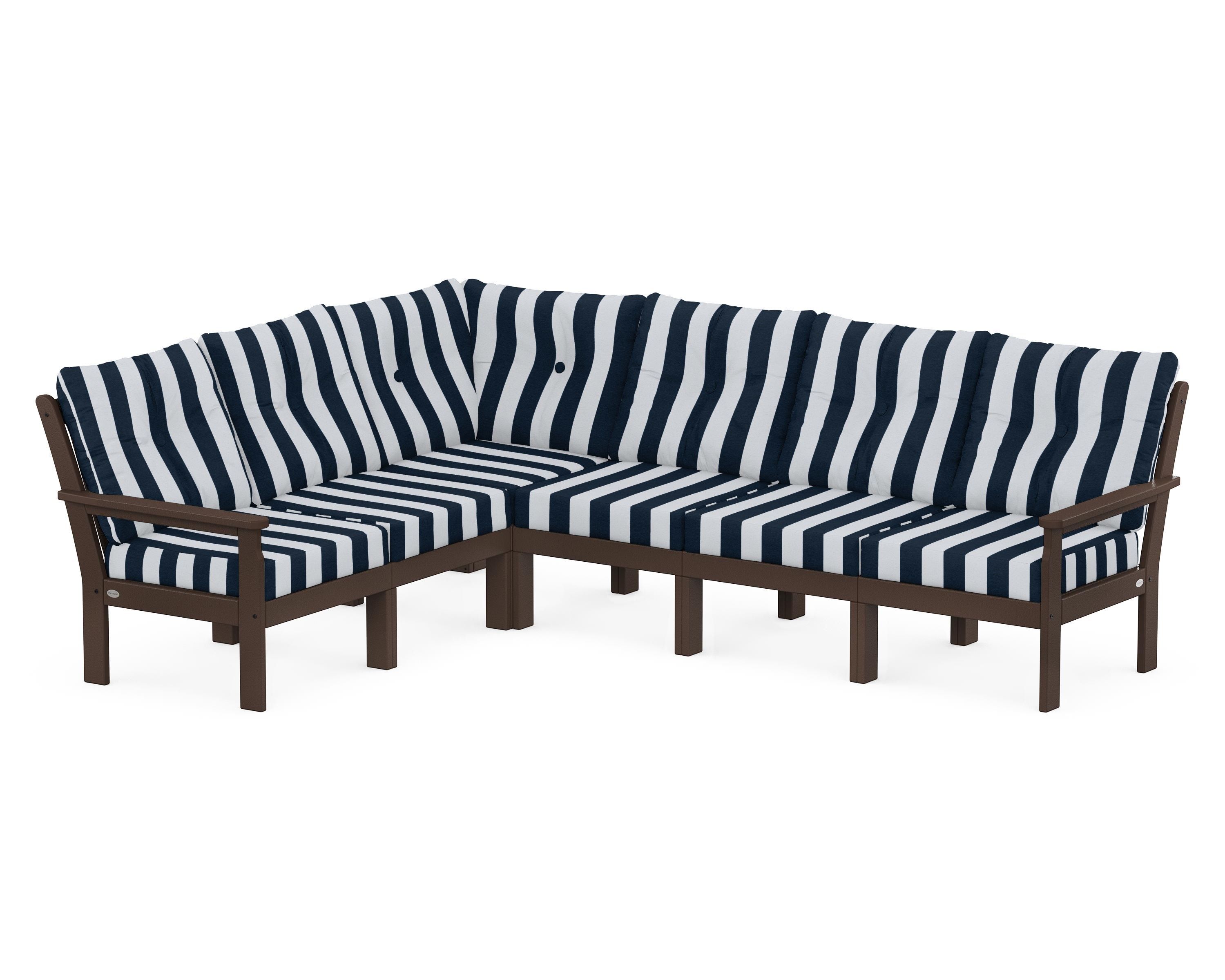 POLYWOOD® Vineyard 6-Piece Sectional in Mahogany / Cabana Stripe Marine Indigo