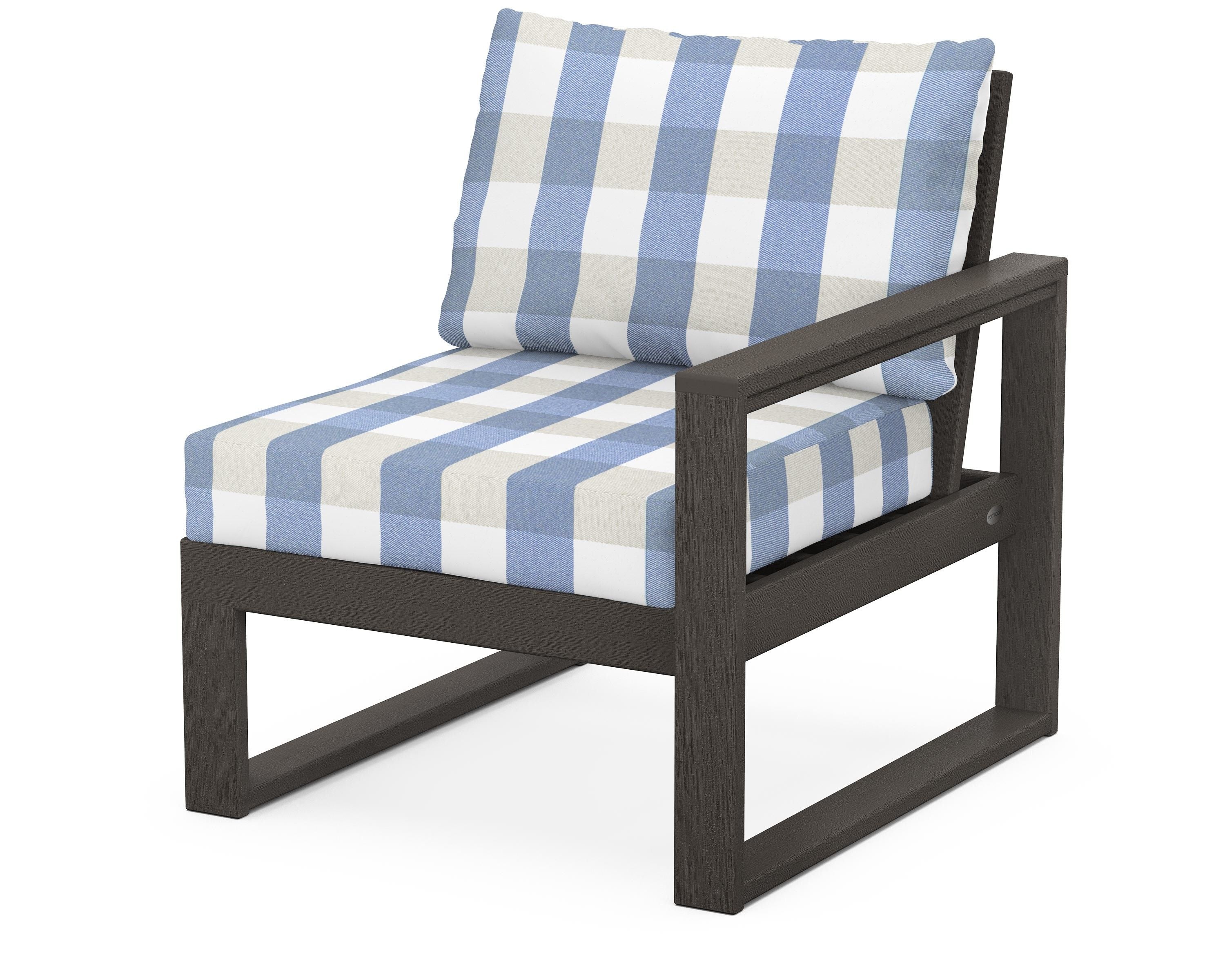 POLYWOOD® EDGE Modular Right Arm Chair in Vintage Coffee / Buffalo Plaid Sky Blue