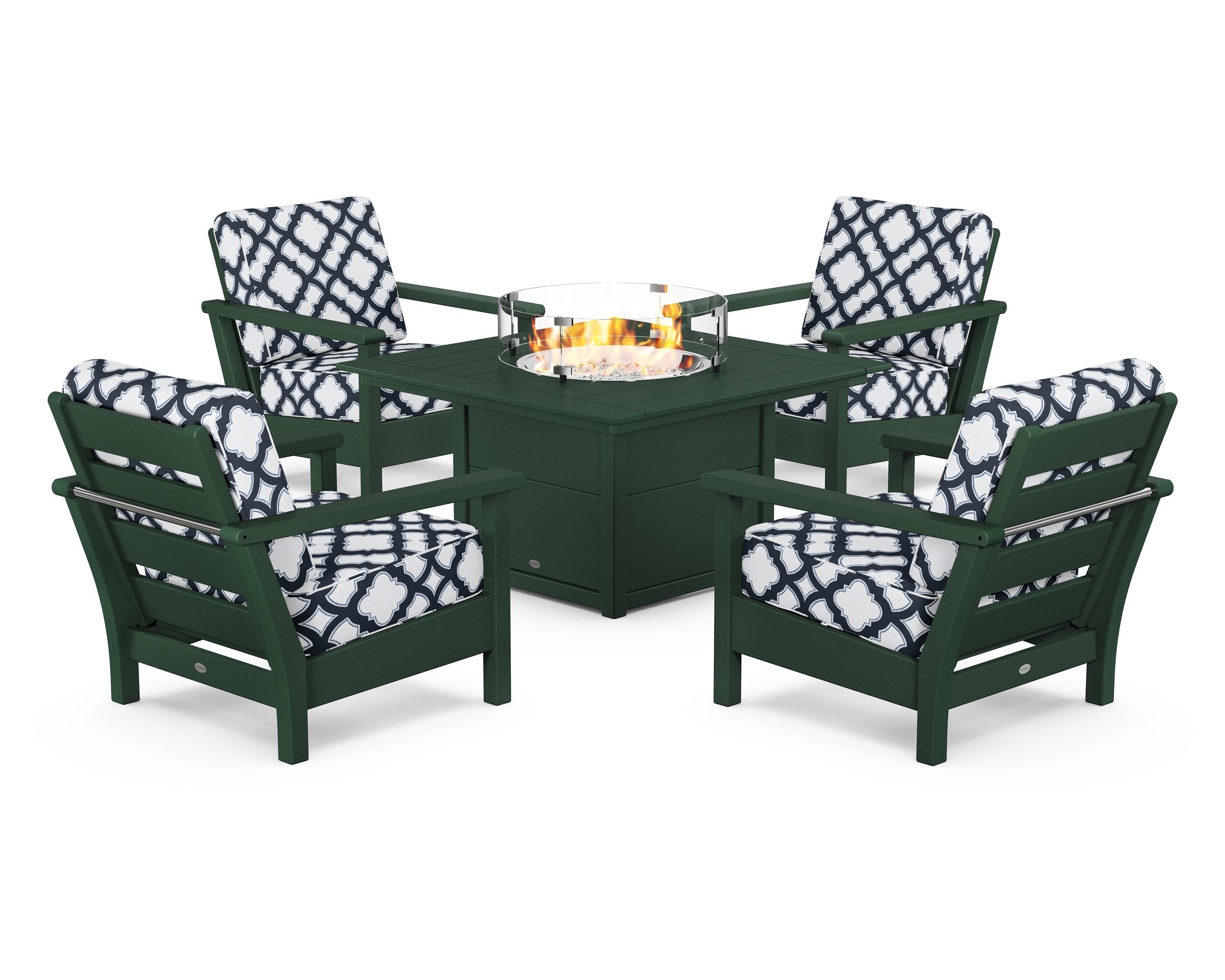 POLYWOOD® Harbour 5-Piece Conversation Set with Fire Pit Table in Green / Trellis Marine Indigo