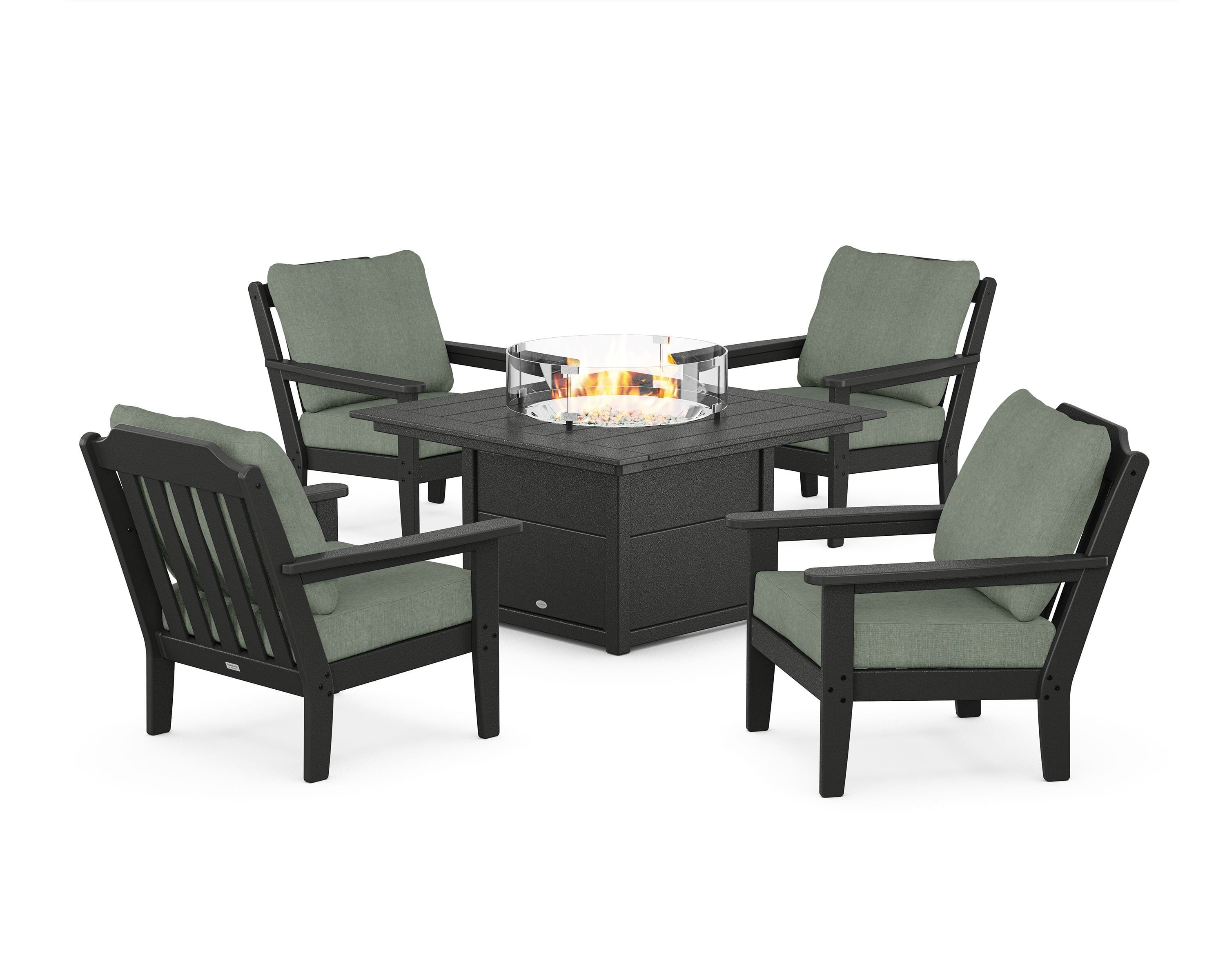 Country Living Cottage 5-Piece Deep Seating Set with Fire Pit Table in Black / Cast Sage