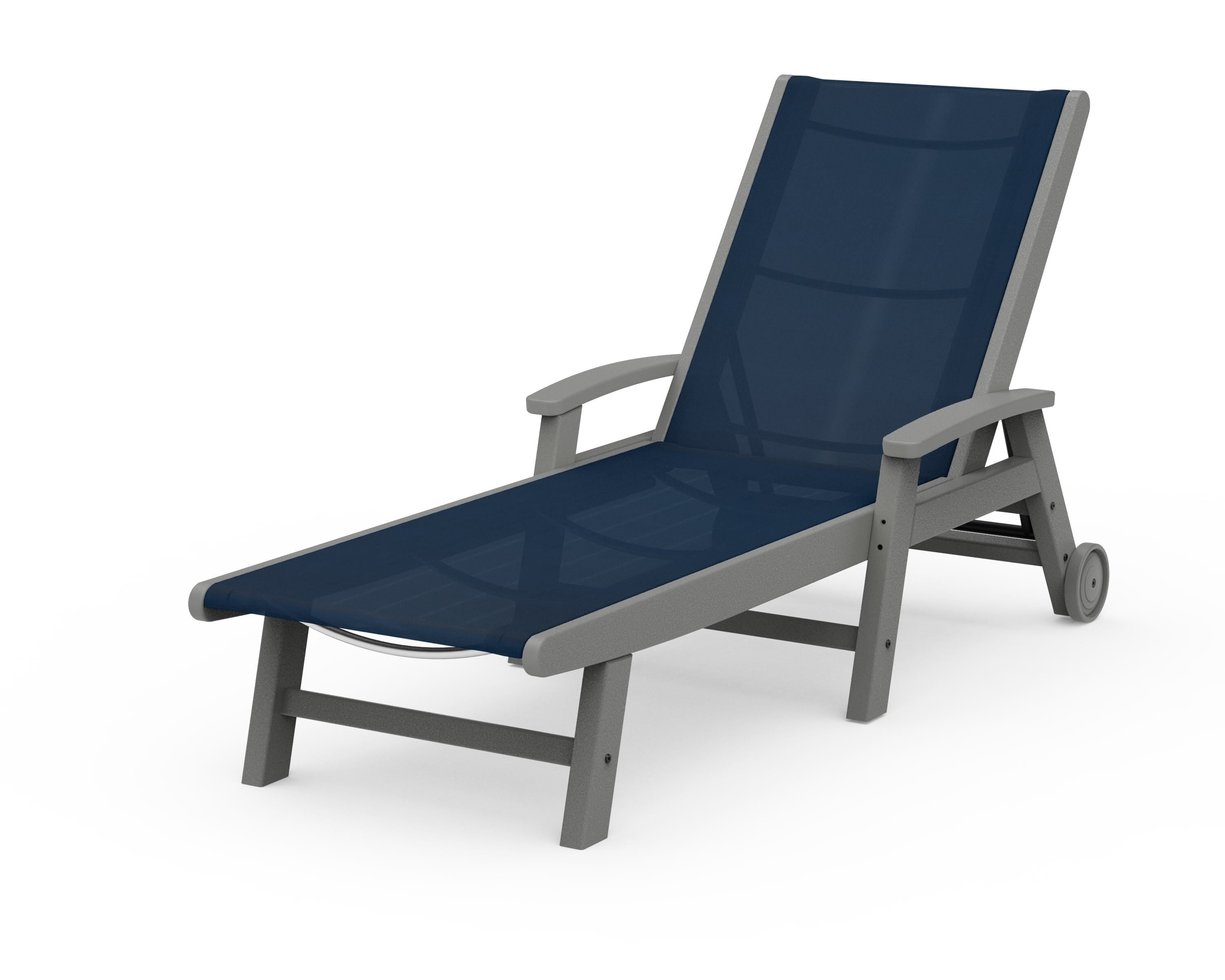POLYWOOD® Coastal Chaise with Wheels in Slate Grey / Navy Blue Sling