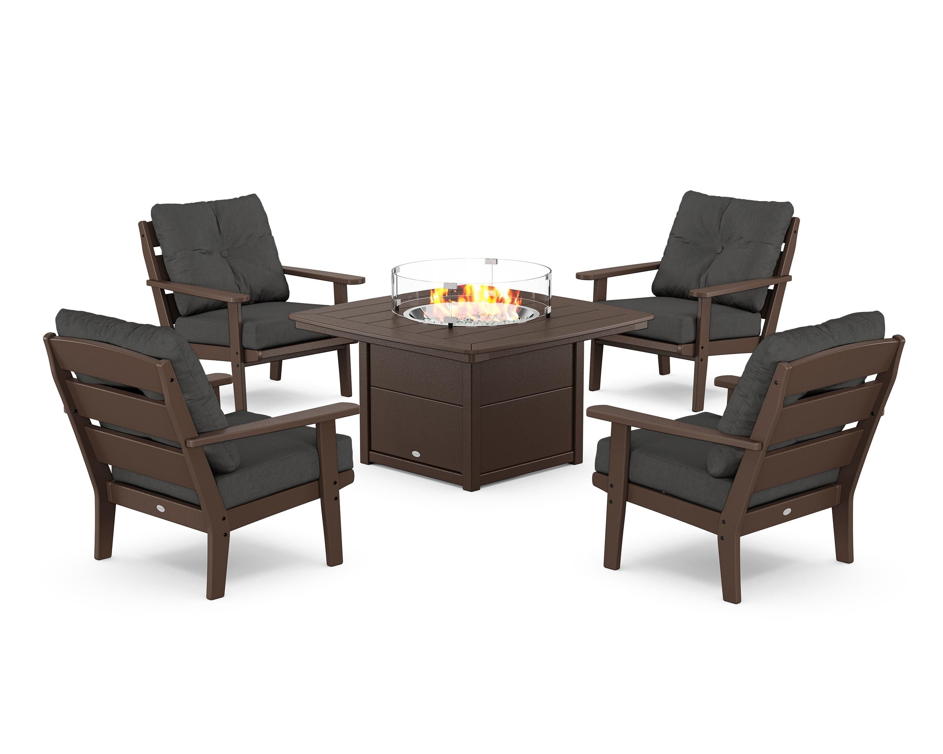 POLYWOOD® Lakeside 5-Piece Deep Seating Set with Nautical Fire Pit Table in Mahogany / Spectrum Carbon