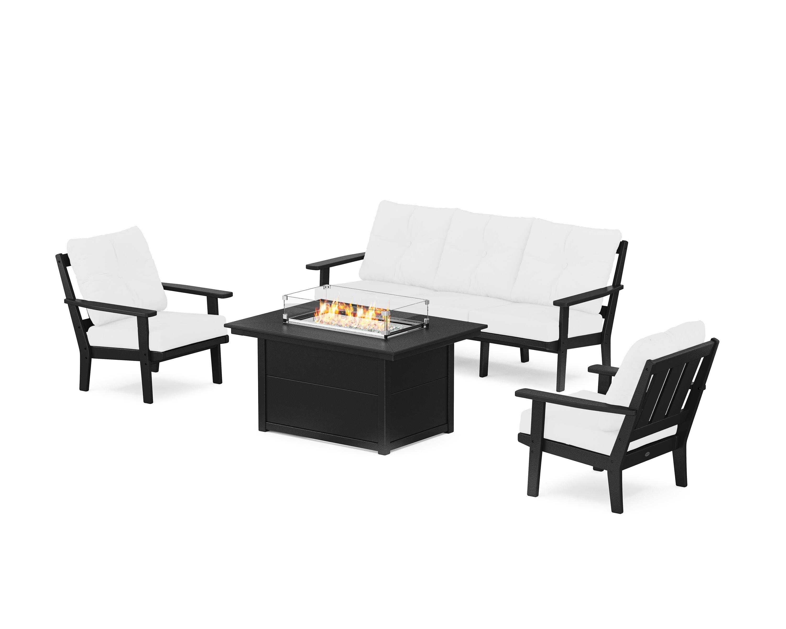 POLYWOOD® Oxford Deep Seating Fire Pit Table Set in Black / Natural