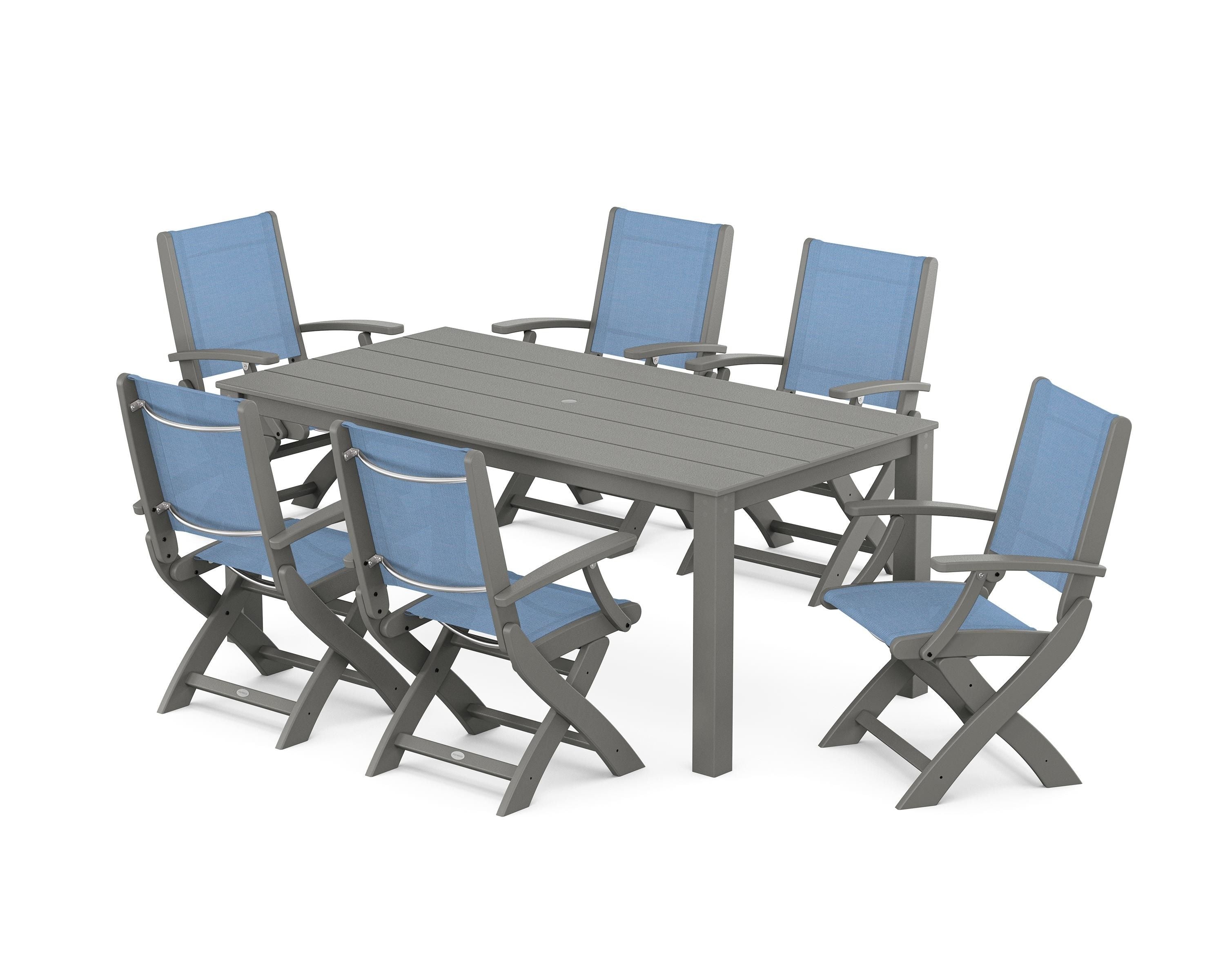 POLYWOOD® Coastal Folding Chair 7-Piece Parsons Dining Set in Slate Grey / Poolside Sling