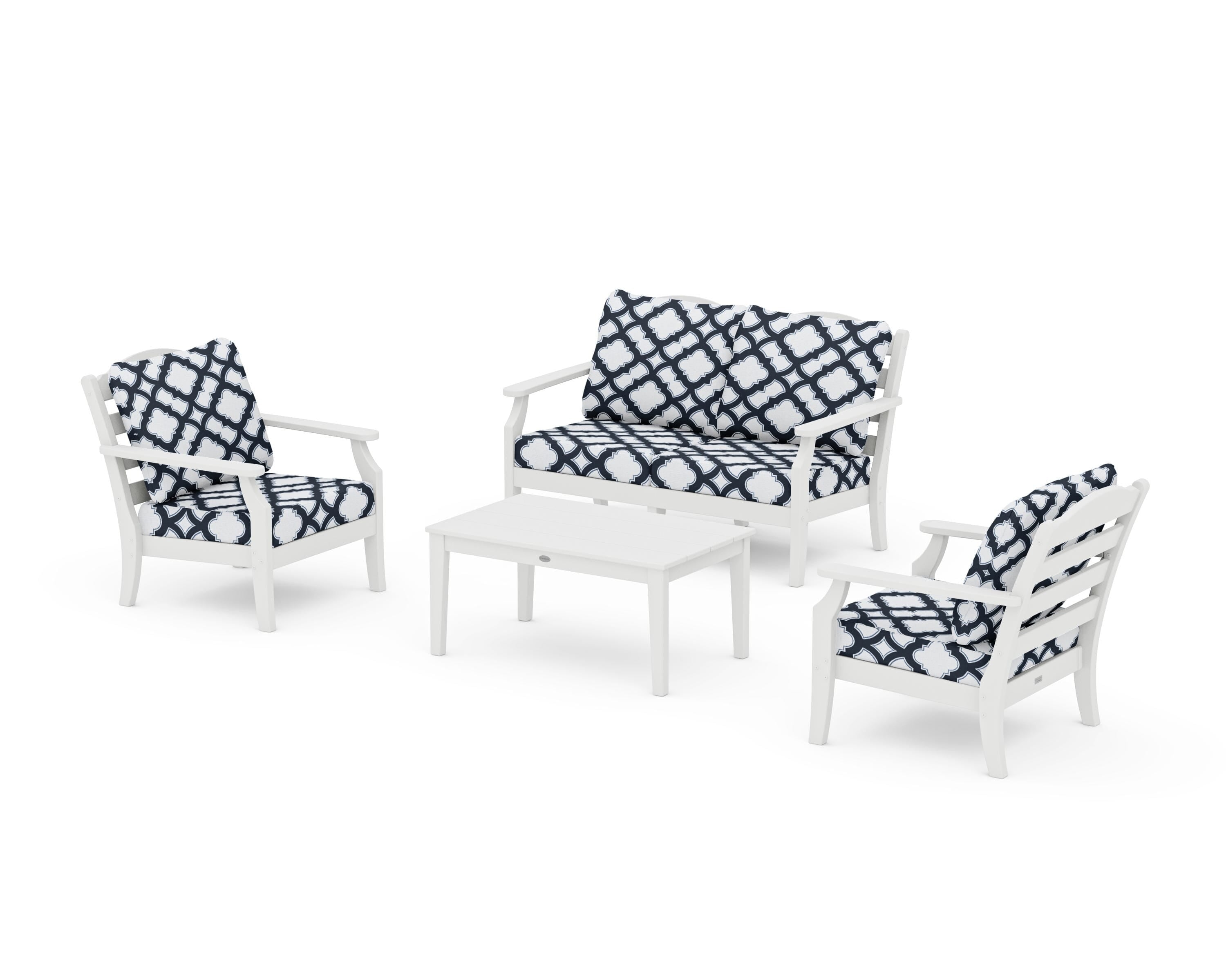 Draper James™ by POLYWOOD® Savannah 4-Piece Deep Seating Set with Loveseat in White / Trellis Marine Indigo
