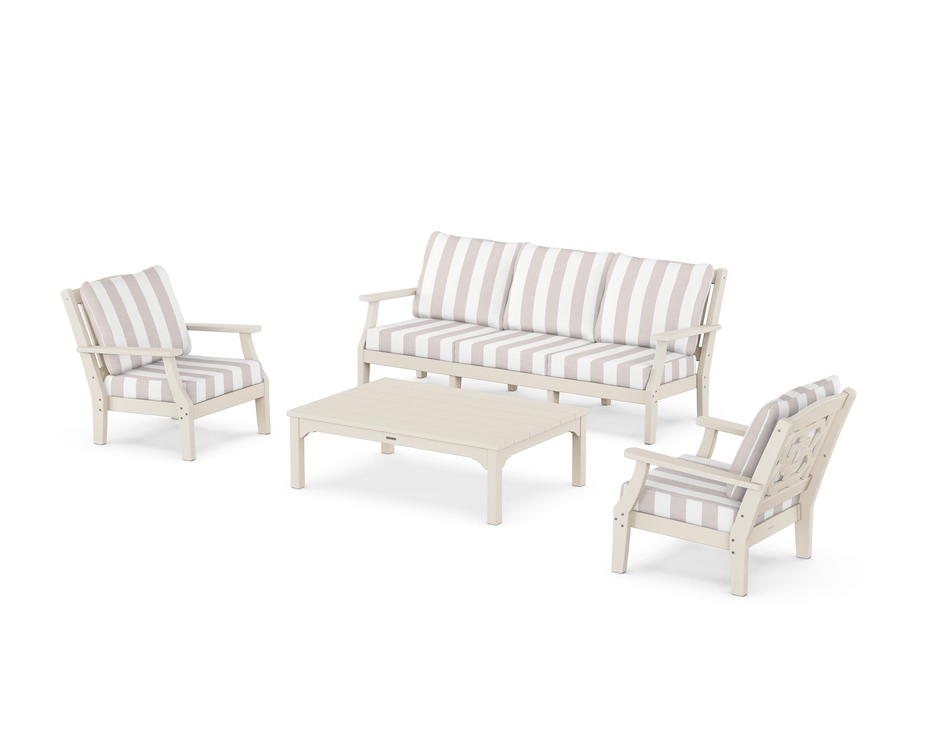 Martha Stewart by POLYWOOD® Chinoiserie 4-Piece Deep Seating Set with Sofa in Sand / Cabana Stripe Dune Burlap