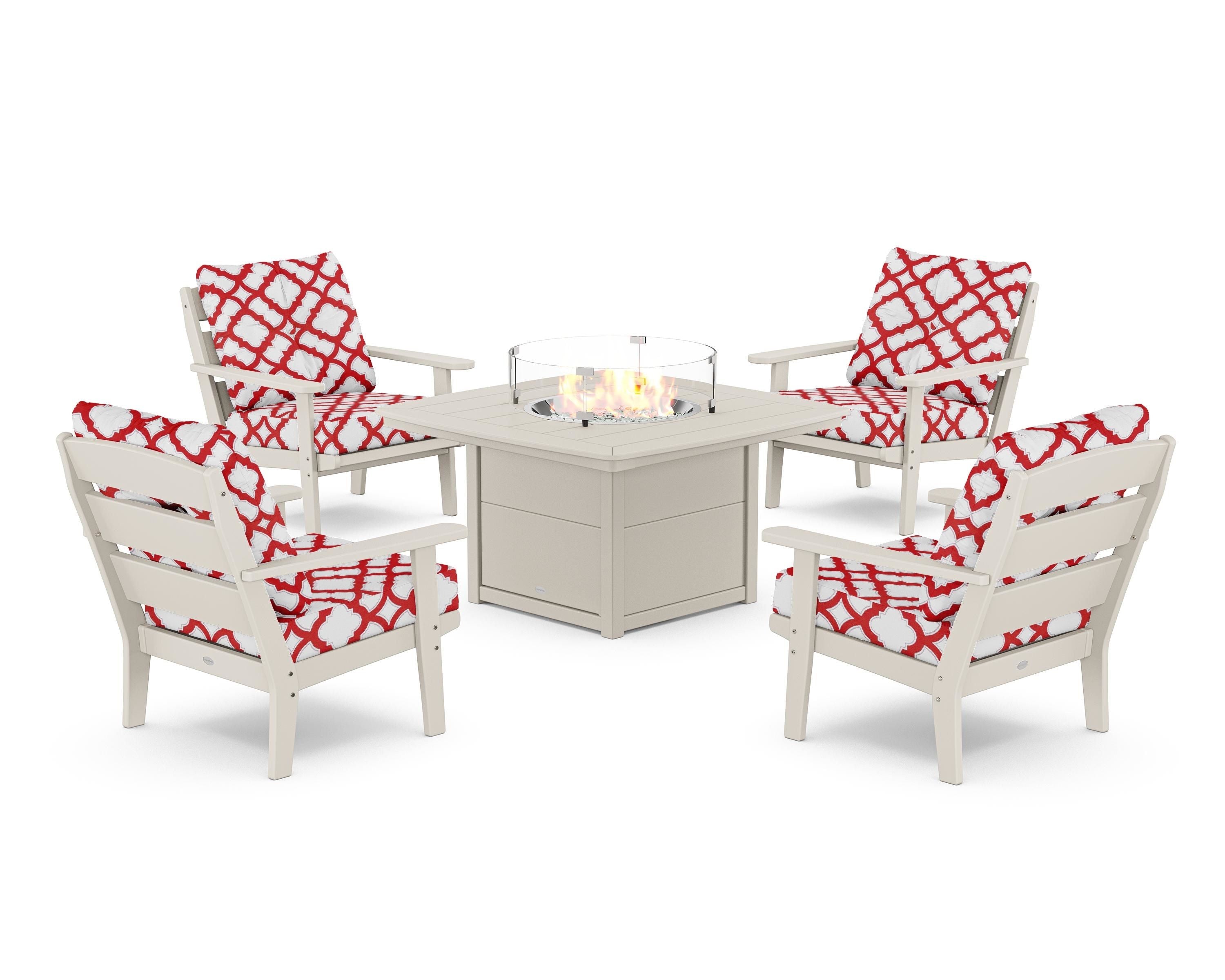 POLYWOOD® Lakeside 5-Piece Deep Seating Set with Nautical Fire Pit Table in Sand / Trellis Crimson