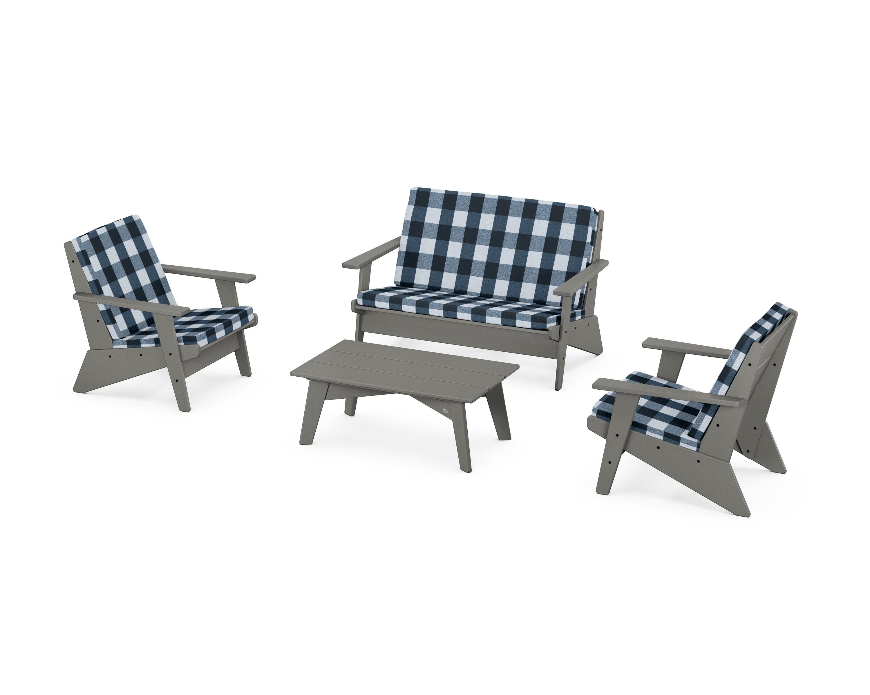 POLYWOOD® Riviera Modern Lounge 4-Piece Set in Slate Grey / Buffalo Plaid Marine Indigo
