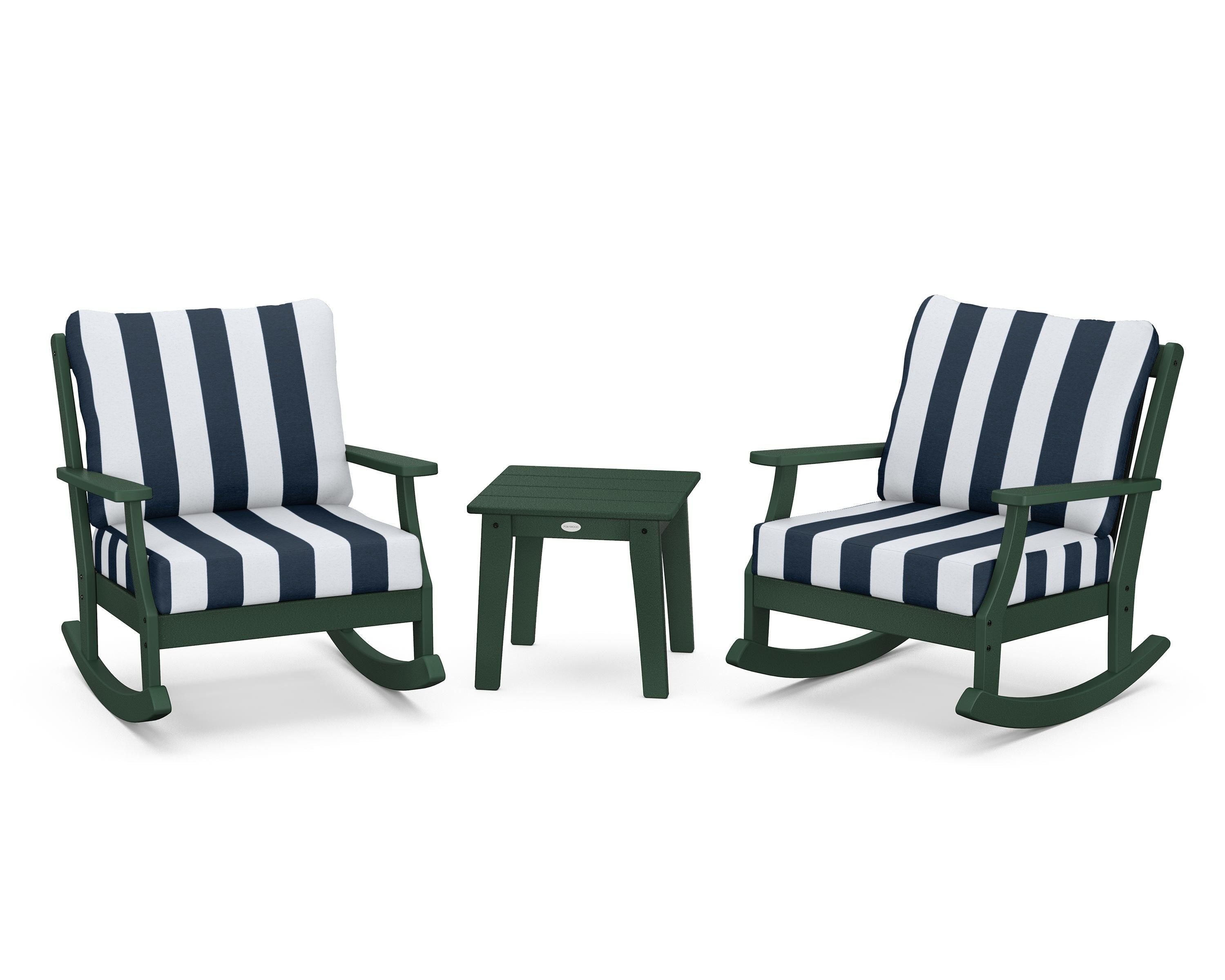 POLYWOOD® Braxton 3-Piece Deep Seating Rocker Set in Green / Cabana Stripe Marine Indigo