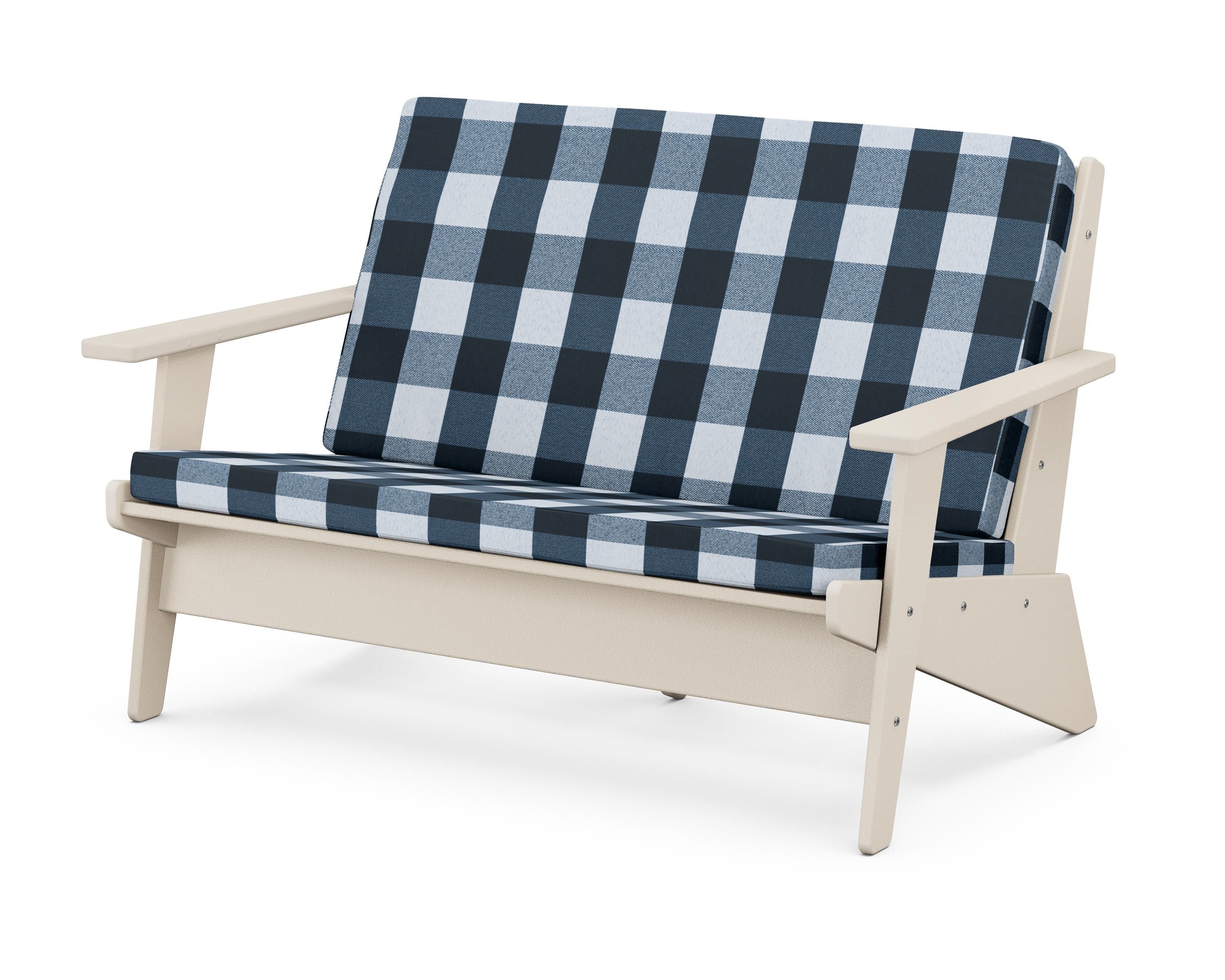 POLYWOOD® Riviera Modern Lounge Loveseat in Sand / Buffalo Plaid Marine Indigo