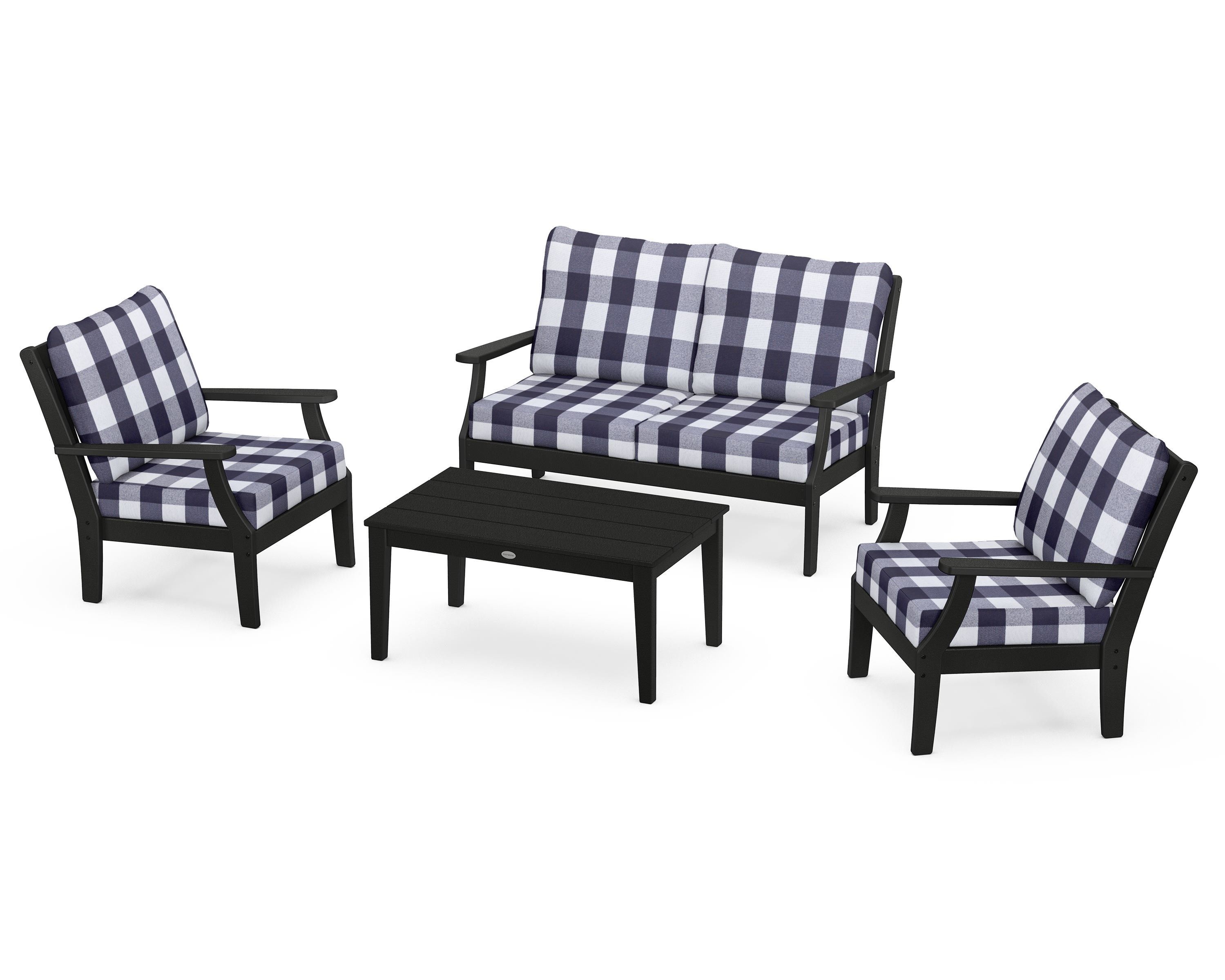 POLYWOOD® Braxton 4-Piece Deep Seating Chair Set in Black / Buffalo Plaid Navy