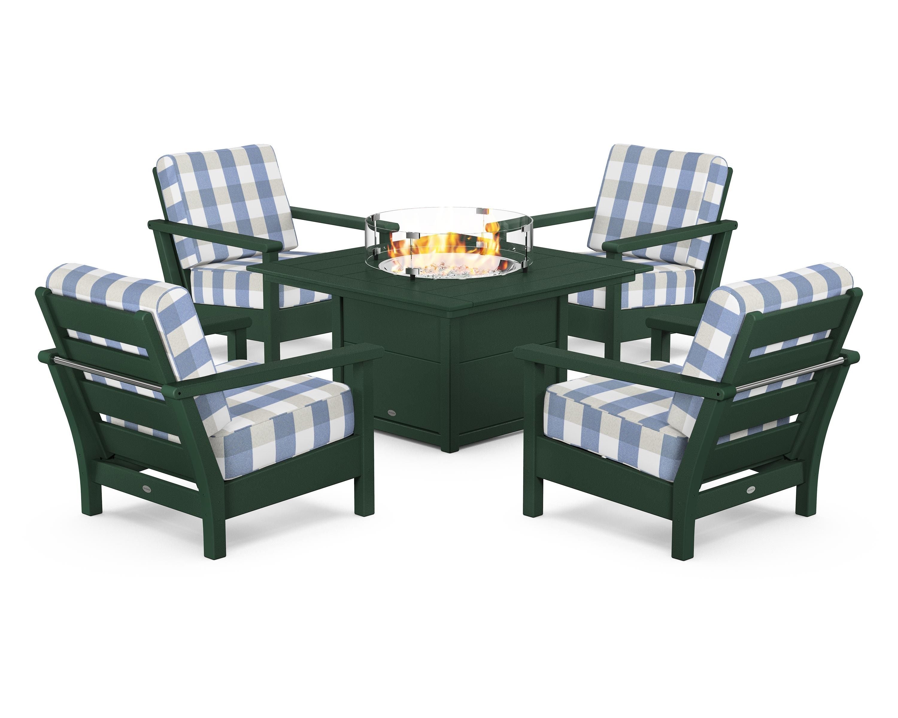 POLYWOOD® Harbour 5-Piece Conversation Set with Fire Pit Table in Green / Buffalo Plaid Sky Blue