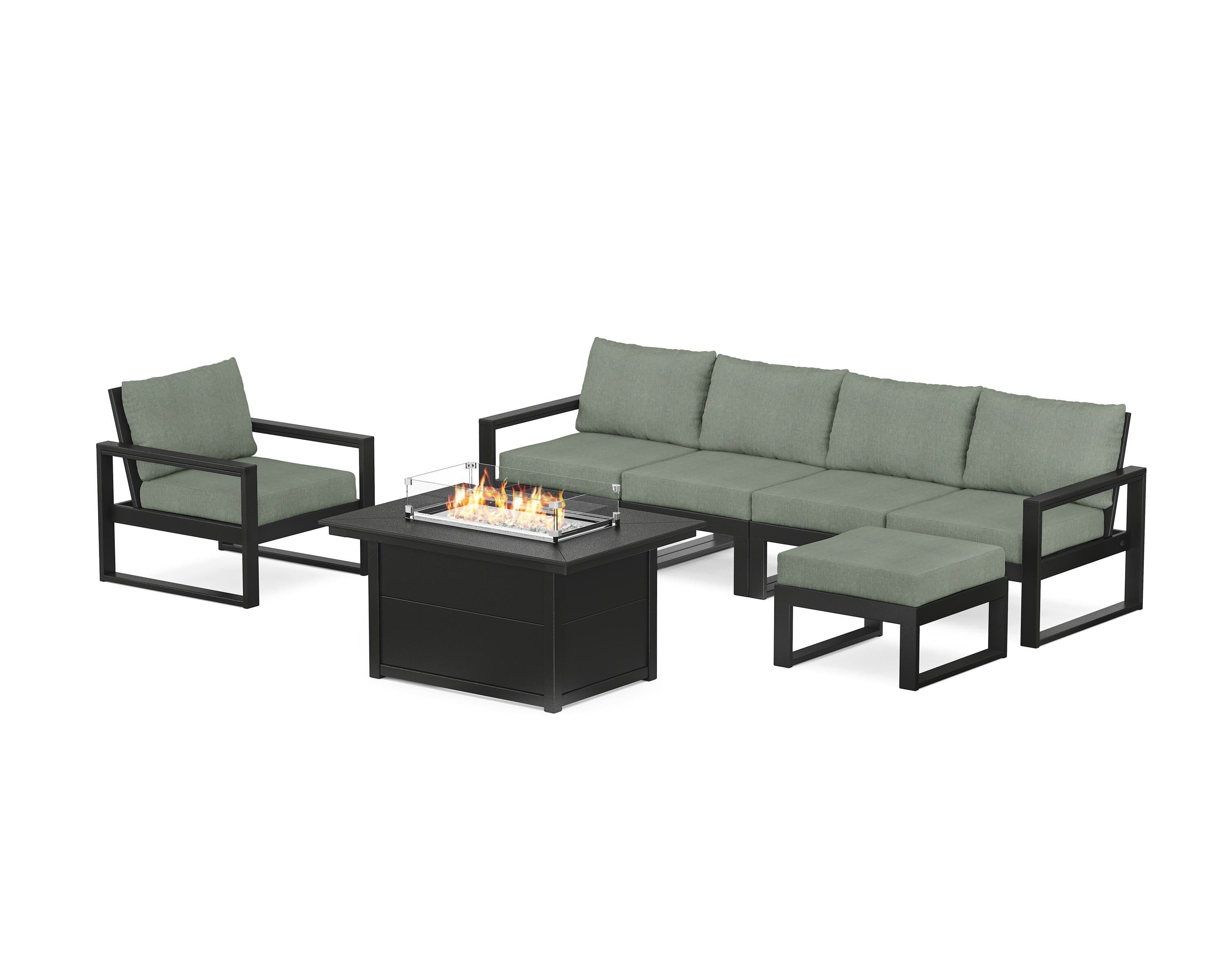 POLYWOOD® EDGE Sectional Lounge and Fire Pit Set in Black / Cast Sage