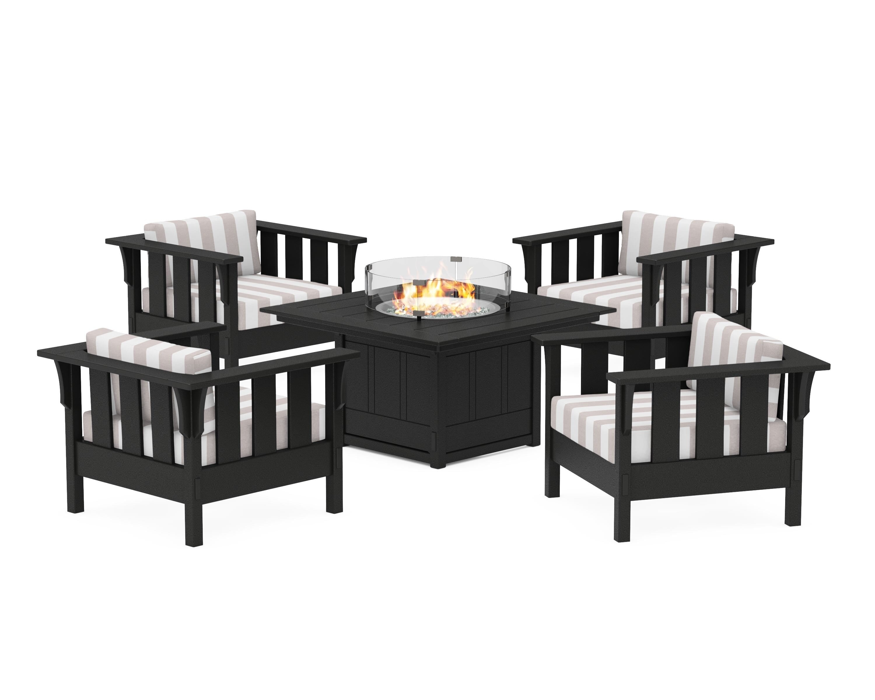 Martha Stewart by POLYWOOD® Acadia 5-Piece Deep Seating Set with Fire Pit Table in Black / Cabana Stripe Dune Burlap