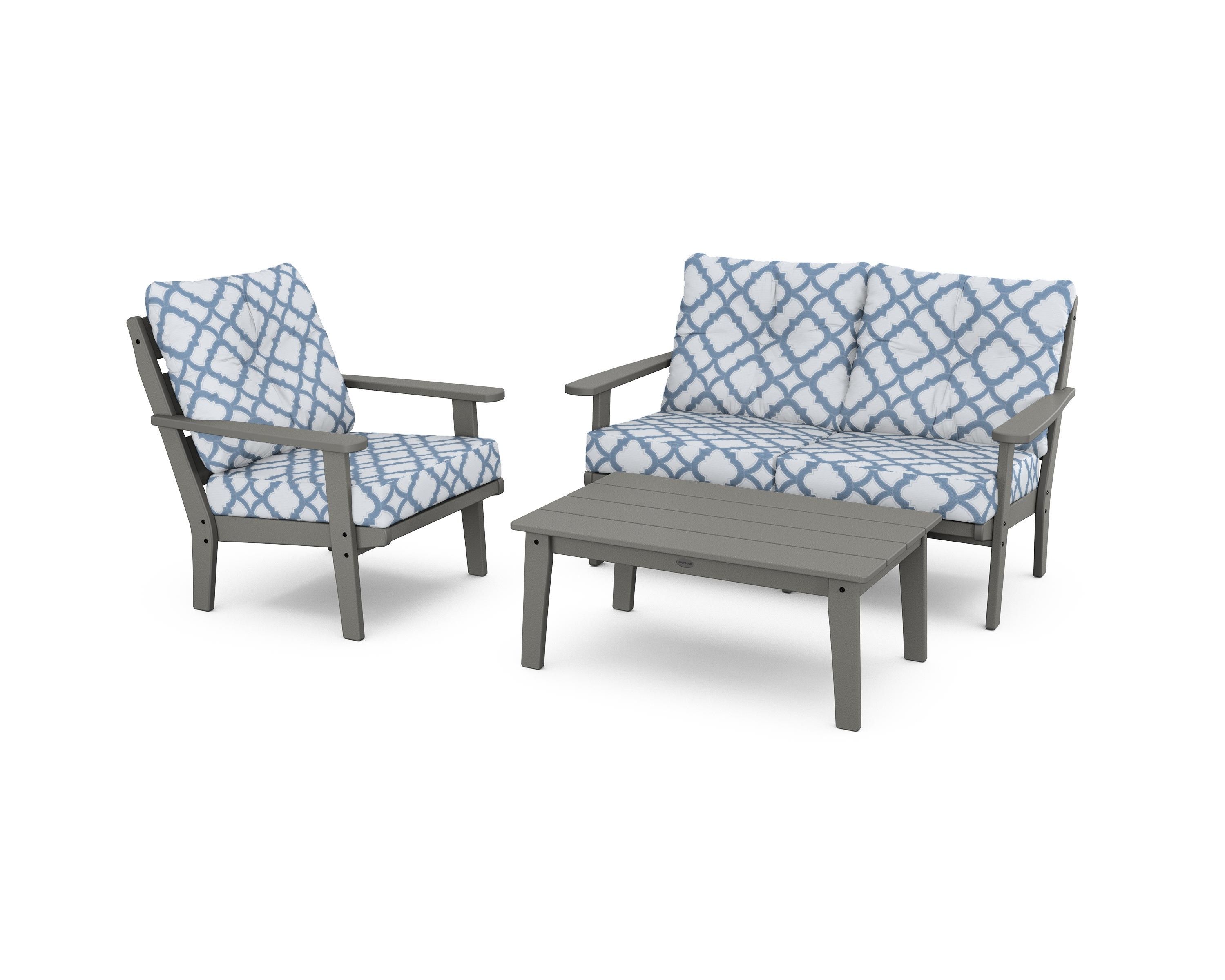 POLYWOOD® Lakeside 3-Piece Deep Seating Set in Slate Grey / Trellis Sky Blue
