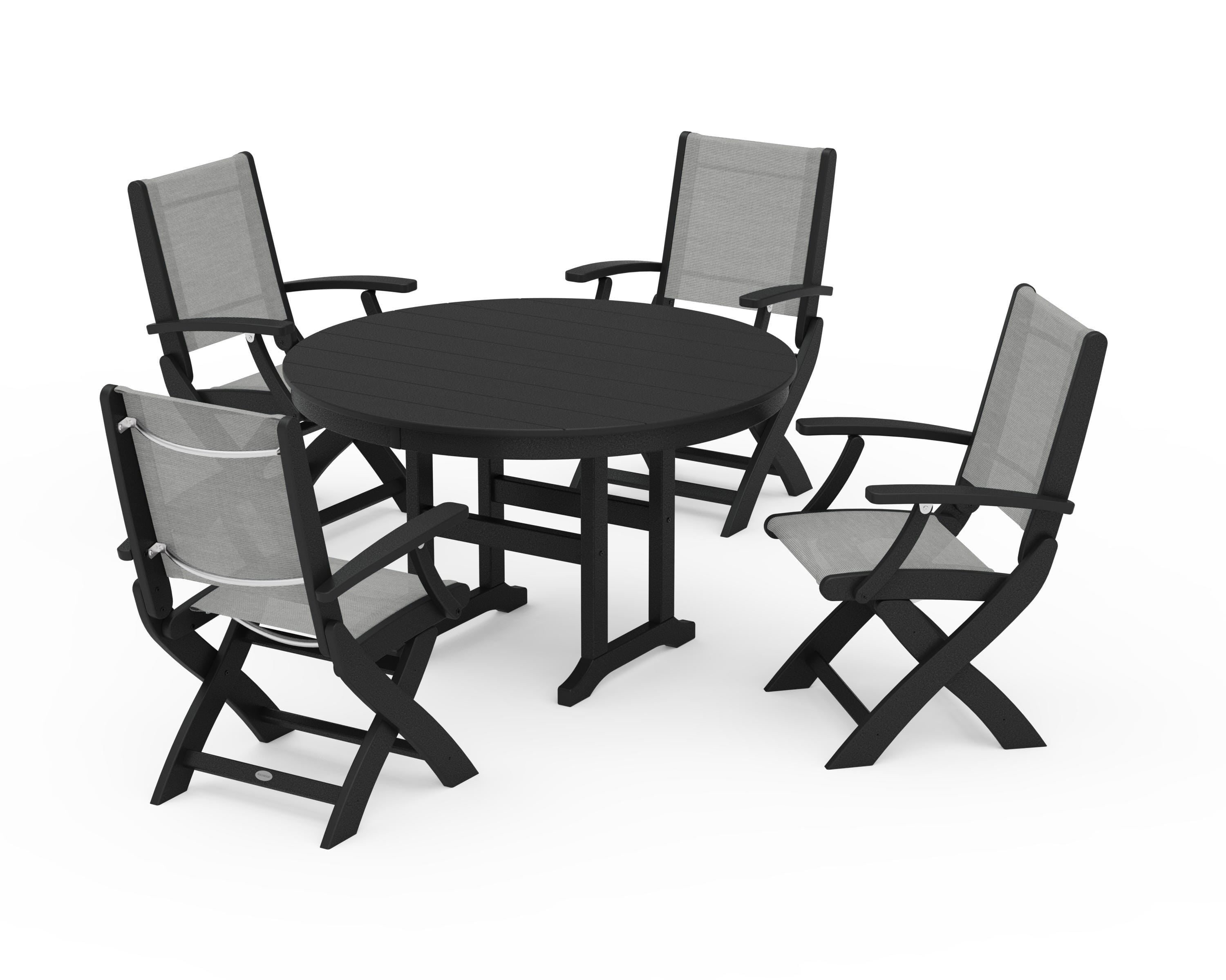POLYWOOD® Coastal Folding Chair 5-Piece Round Dining Set in Black / Metallic Sling