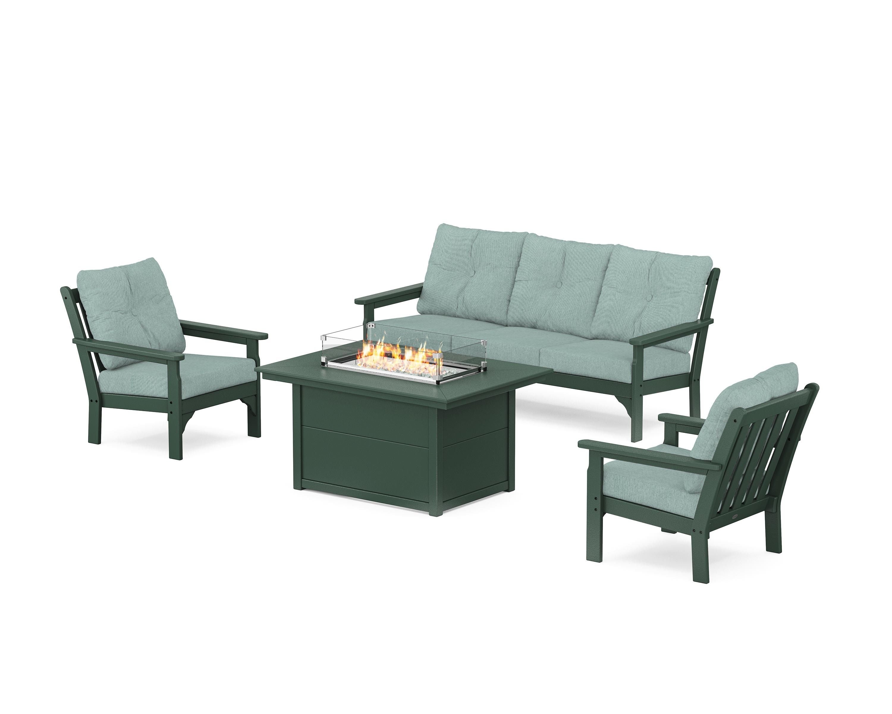 POLYWOOD® Vineyard Deep Seating Fire Pit Table Set in Green / Glacier Spa