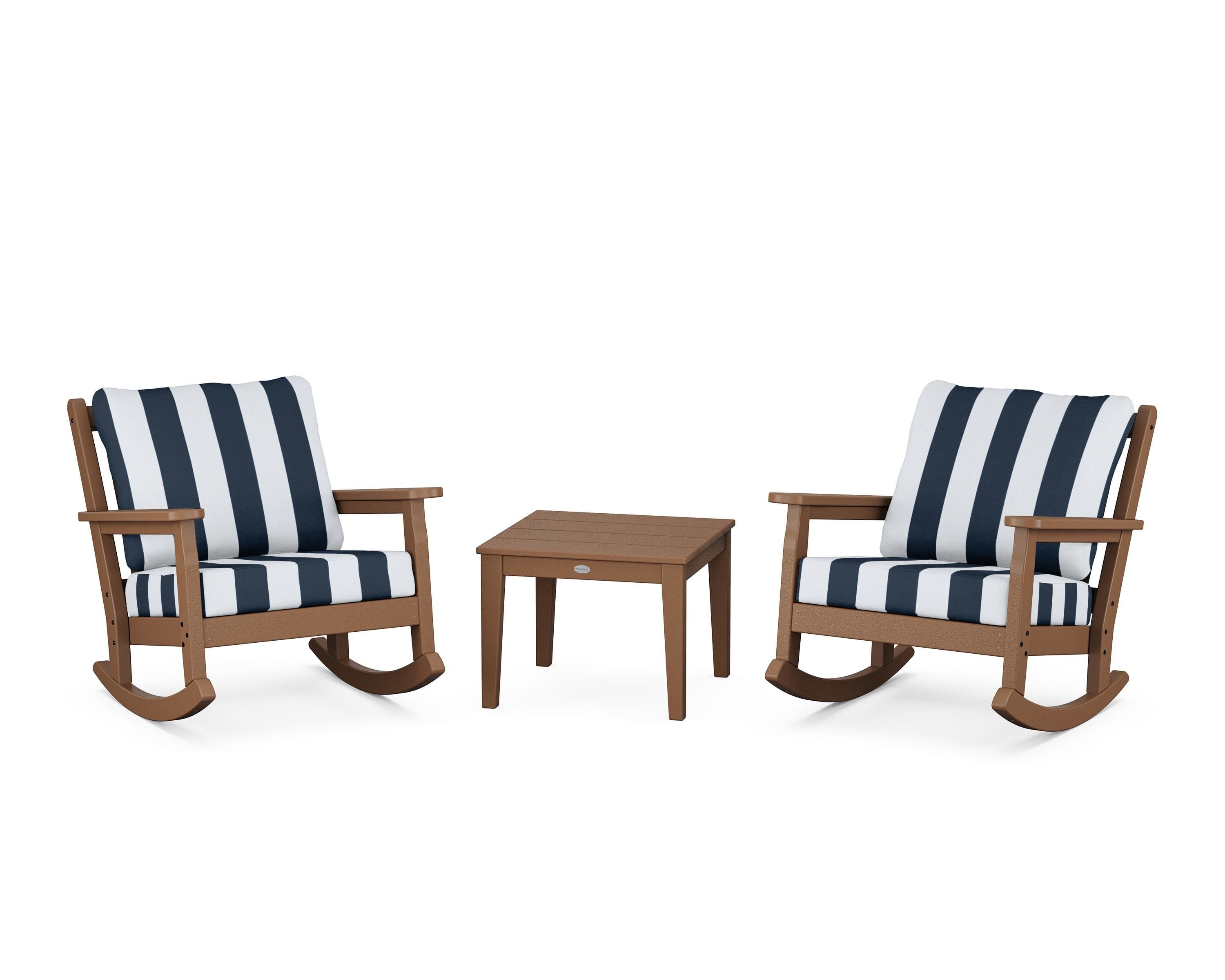 POLYWOOD® Chippendale 3-Piece Deep Seating Rocker Set in Teak / Cabana Stripe Marine Indigo