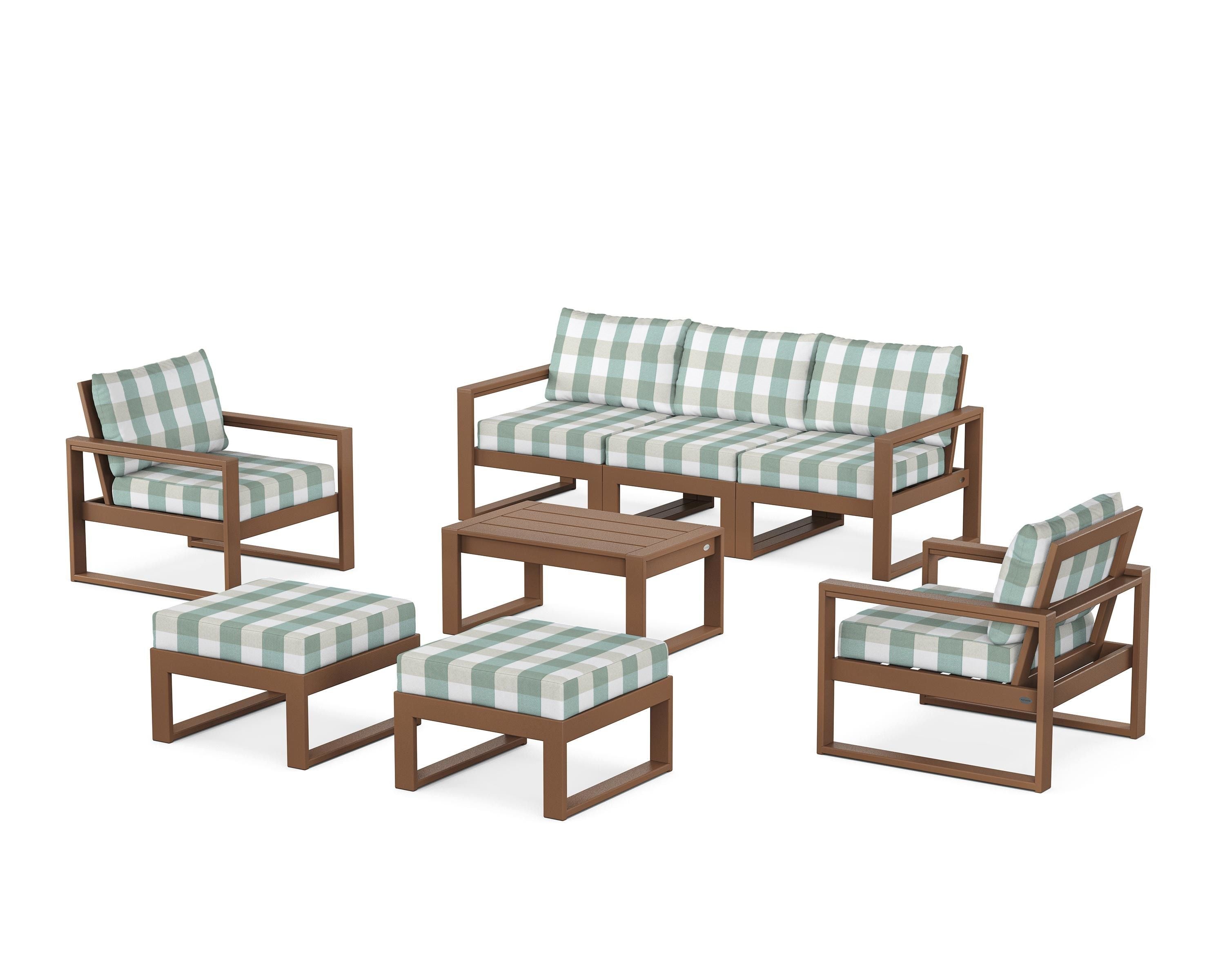 POLYWOOD® EDGE Sectional 8-Piece Lounge Sofa Set in Teak / Buffalo Plaid Glacier Spa