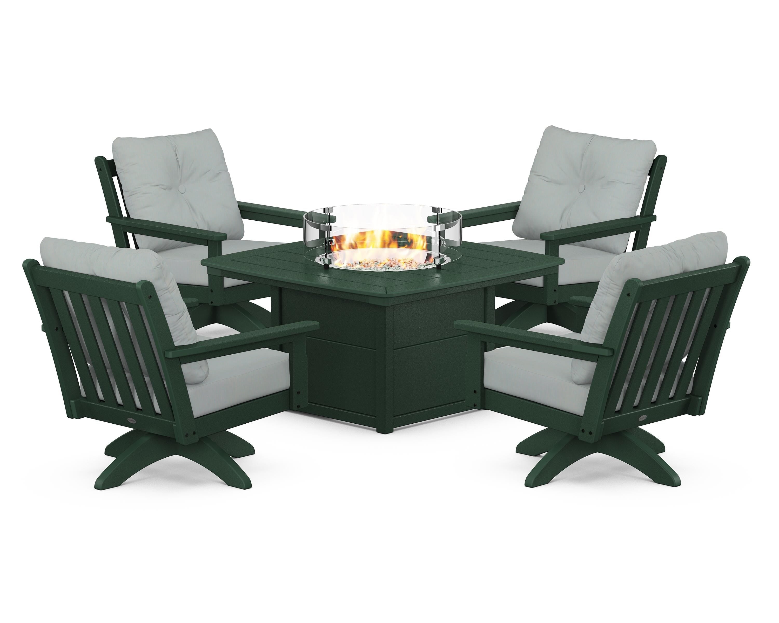 POLYWOOD® Vineyard 5-Piece Deep Seating Swivel Conversation Set with Fire Pit Table in Green / Spa