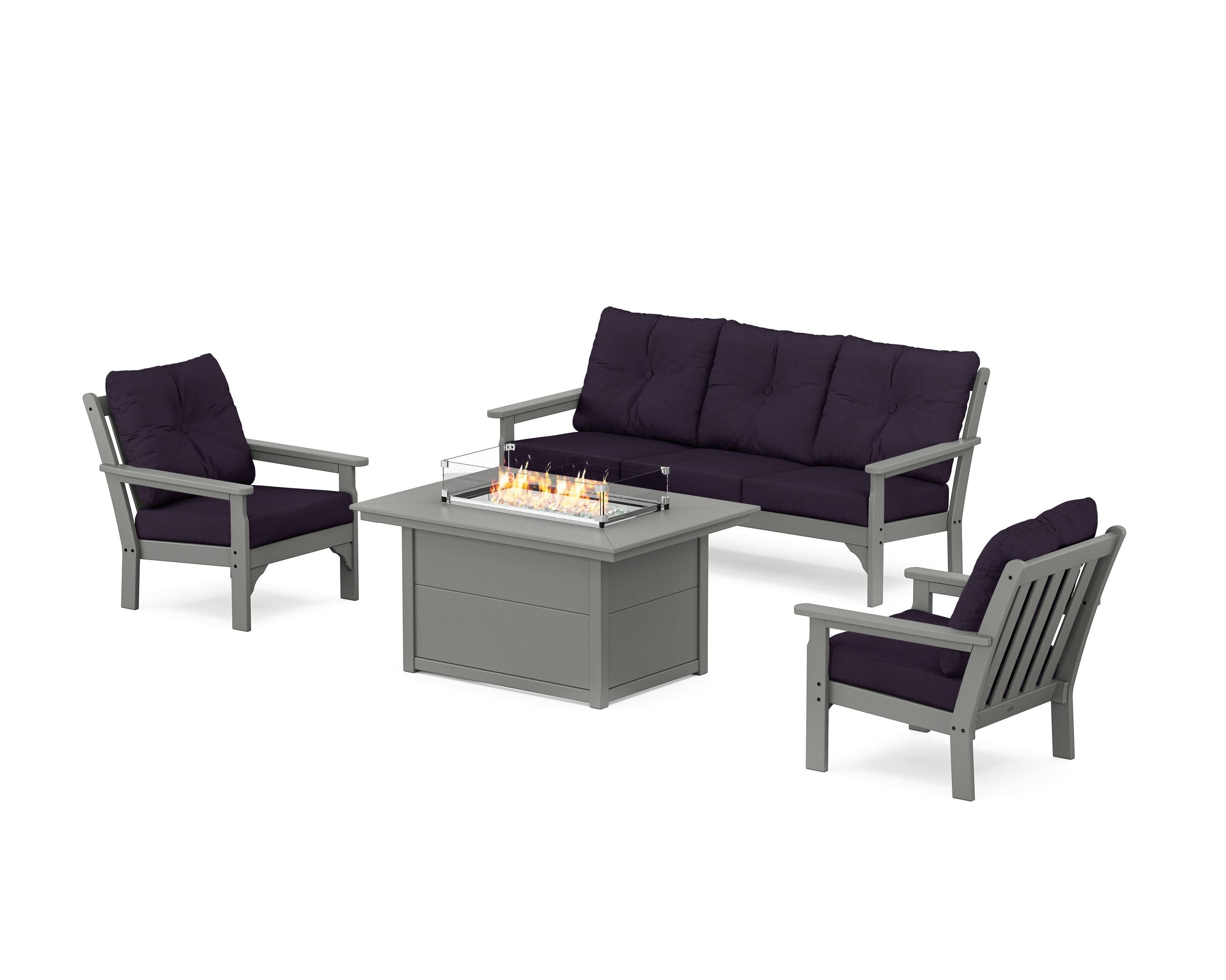POLYWOOD® Vineyard Deep Seating Fire Pit Table Set in Slate Grey / Navy Linen