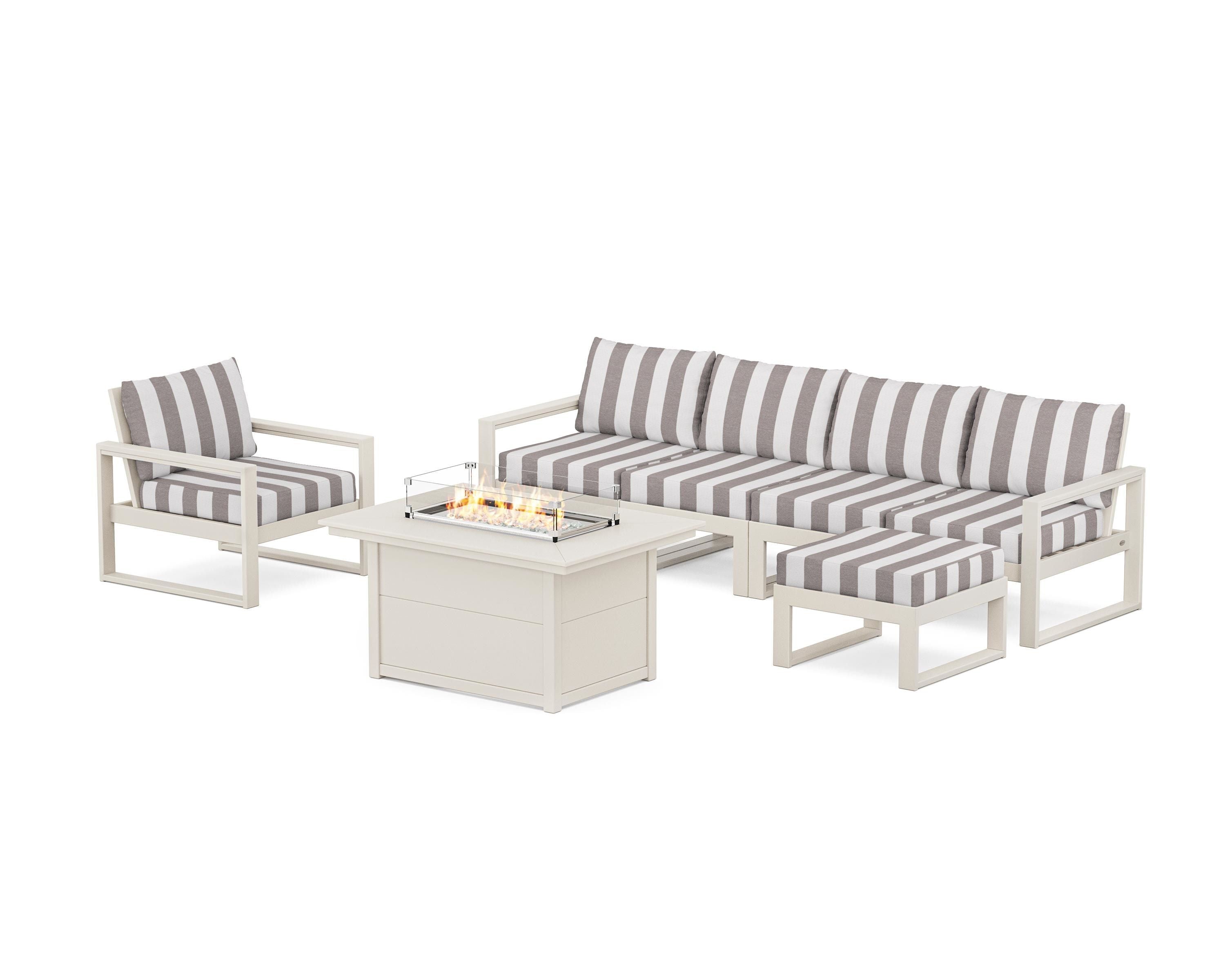 POLYWOOD® EDGE Sectional Lounge and Fire Pit Set in Sand / Cabana Stripe Grey Mist