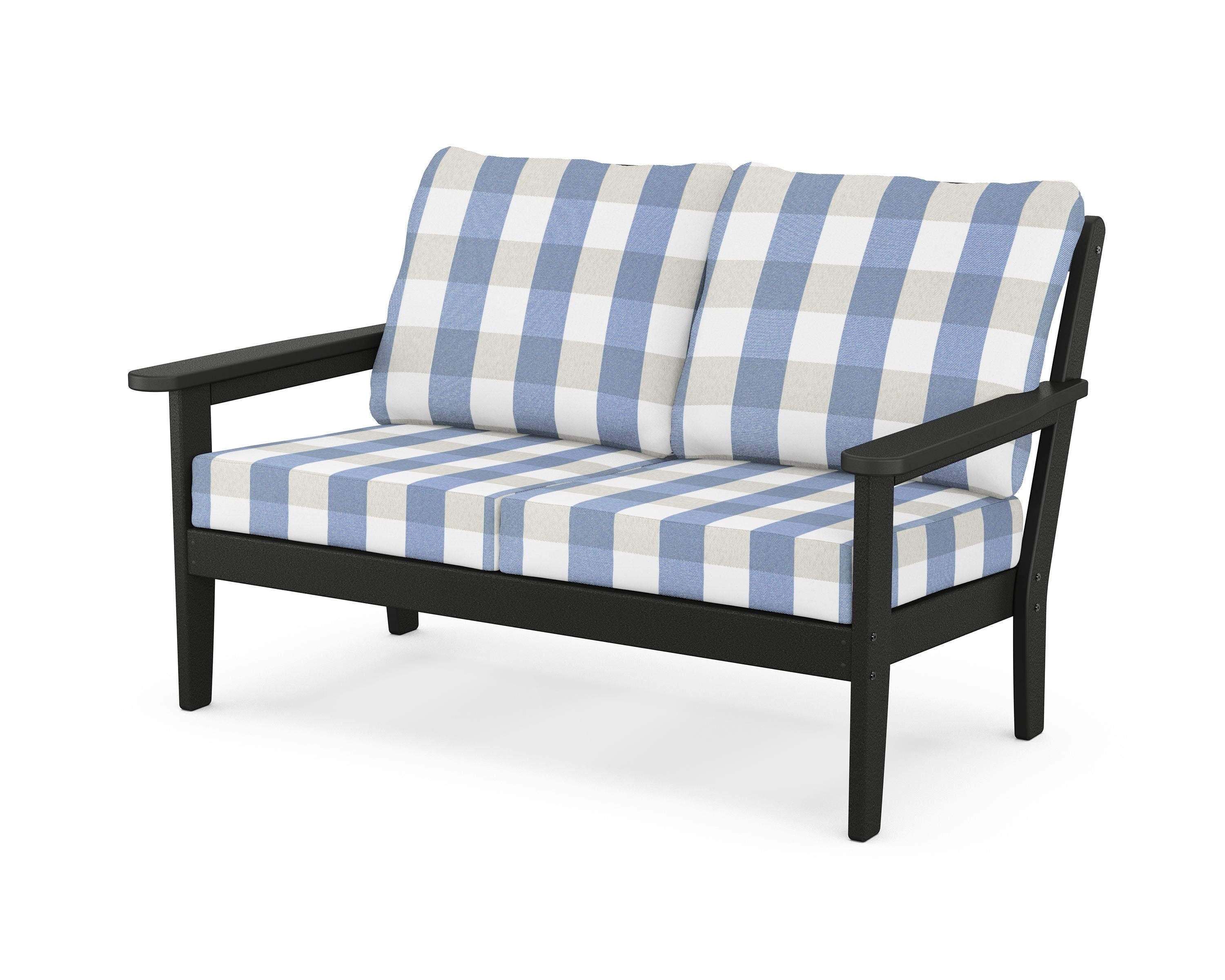 Country Living Cottage Deep Seating Loveseat in Black / Buffalo Plaid Sky Blue
