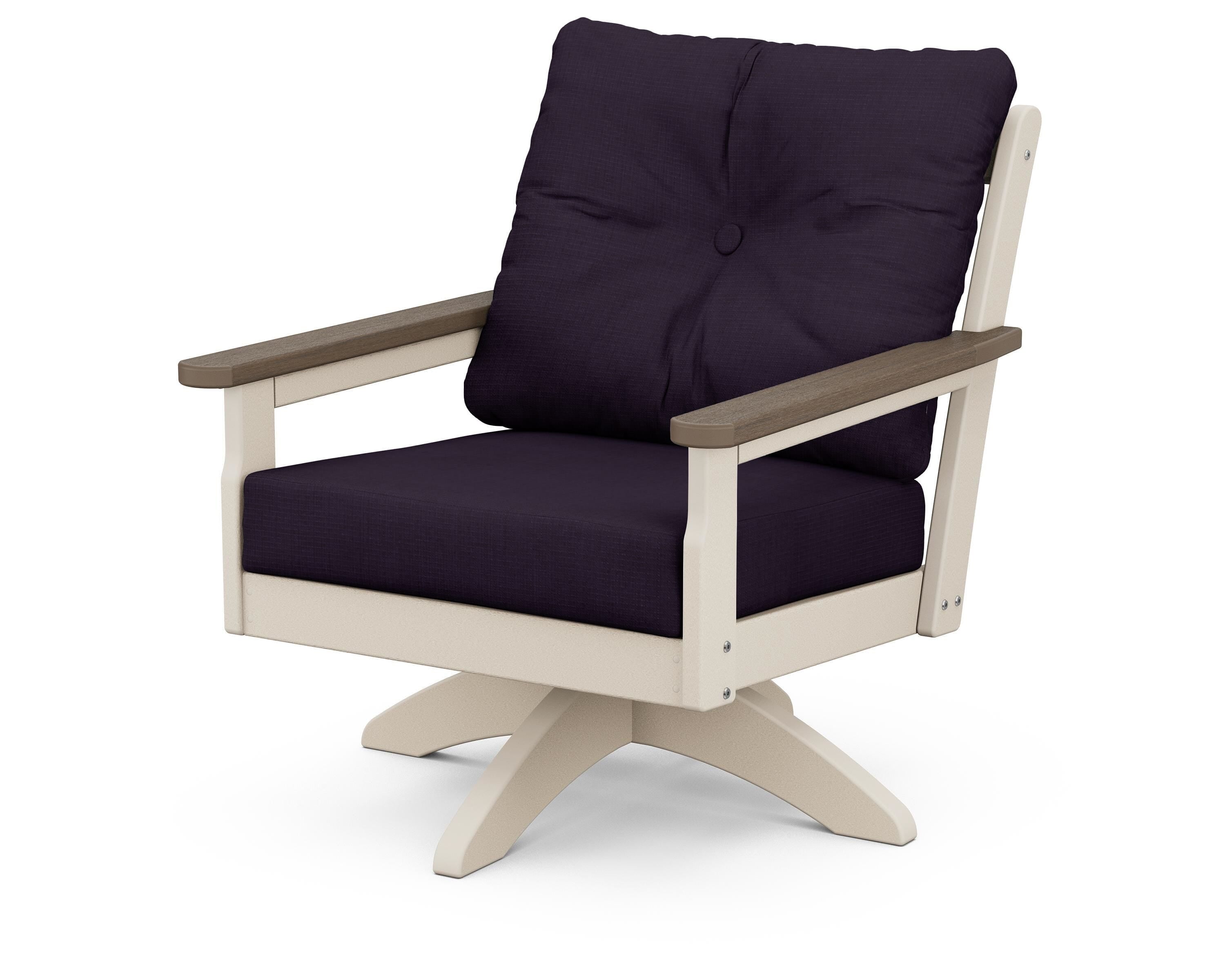POLYWOOD® Vineyard Deep Seating Swivel Chair in Sand / Kona / Navy Linen
