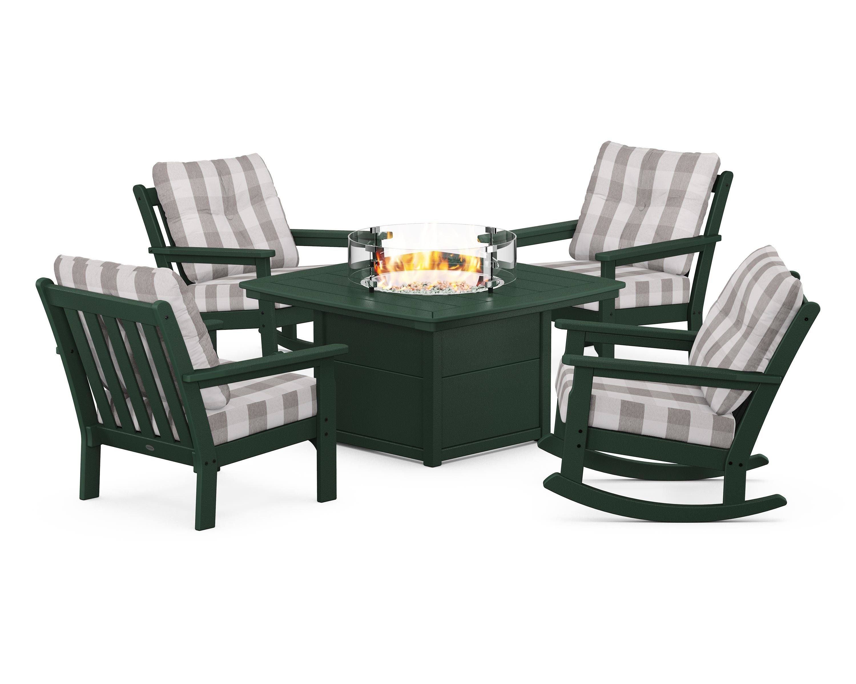 POLYWOOD® Vineyard 5-Piece Deep Seating Rocking Chair Conversation Set with Fire Pit Table in Green / Buffalo Plaid Grey Mist