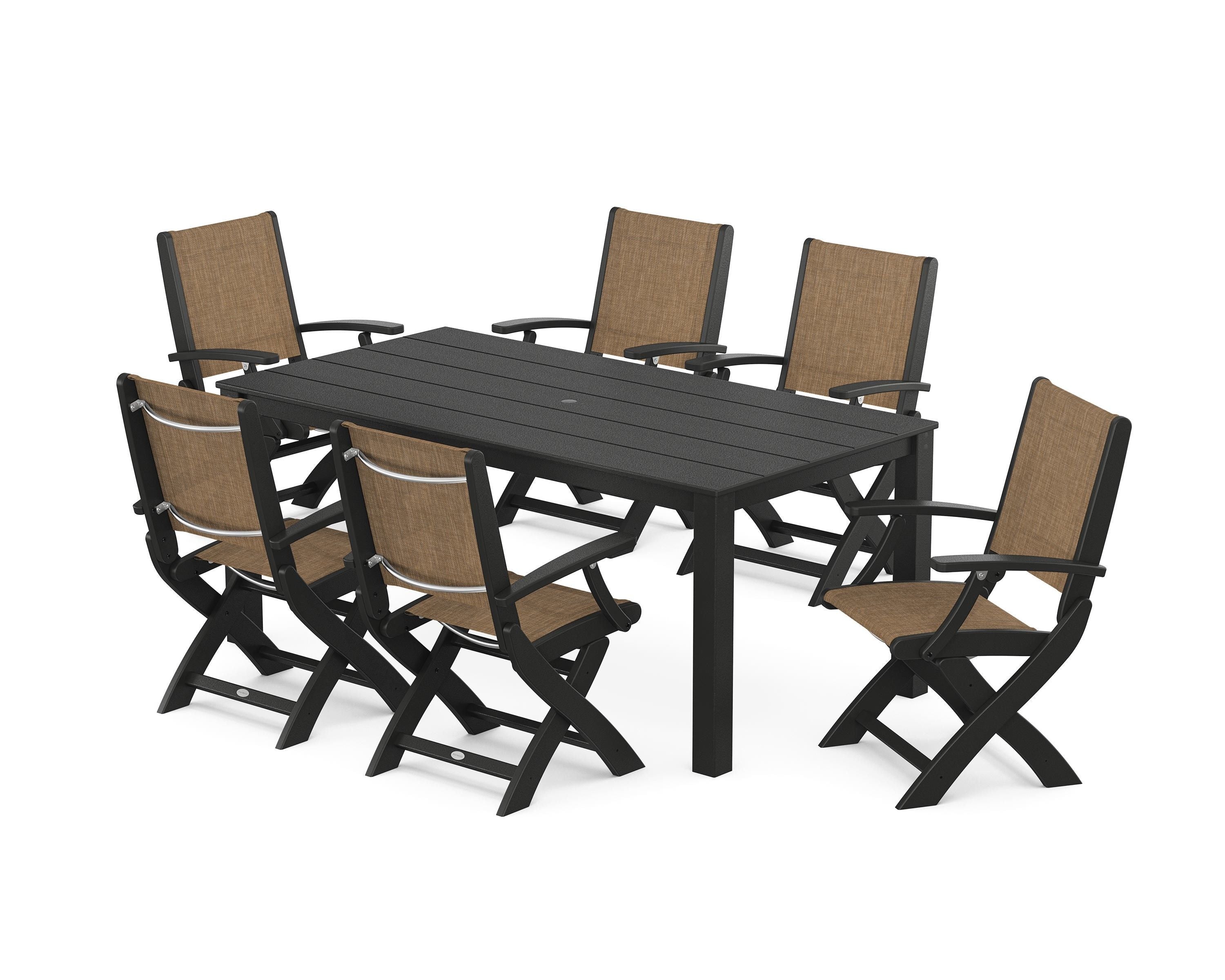 POLYWOOD® Coastal Folding Chair 7-Piece Parsons Dining Set in Black / Burlap Sling
