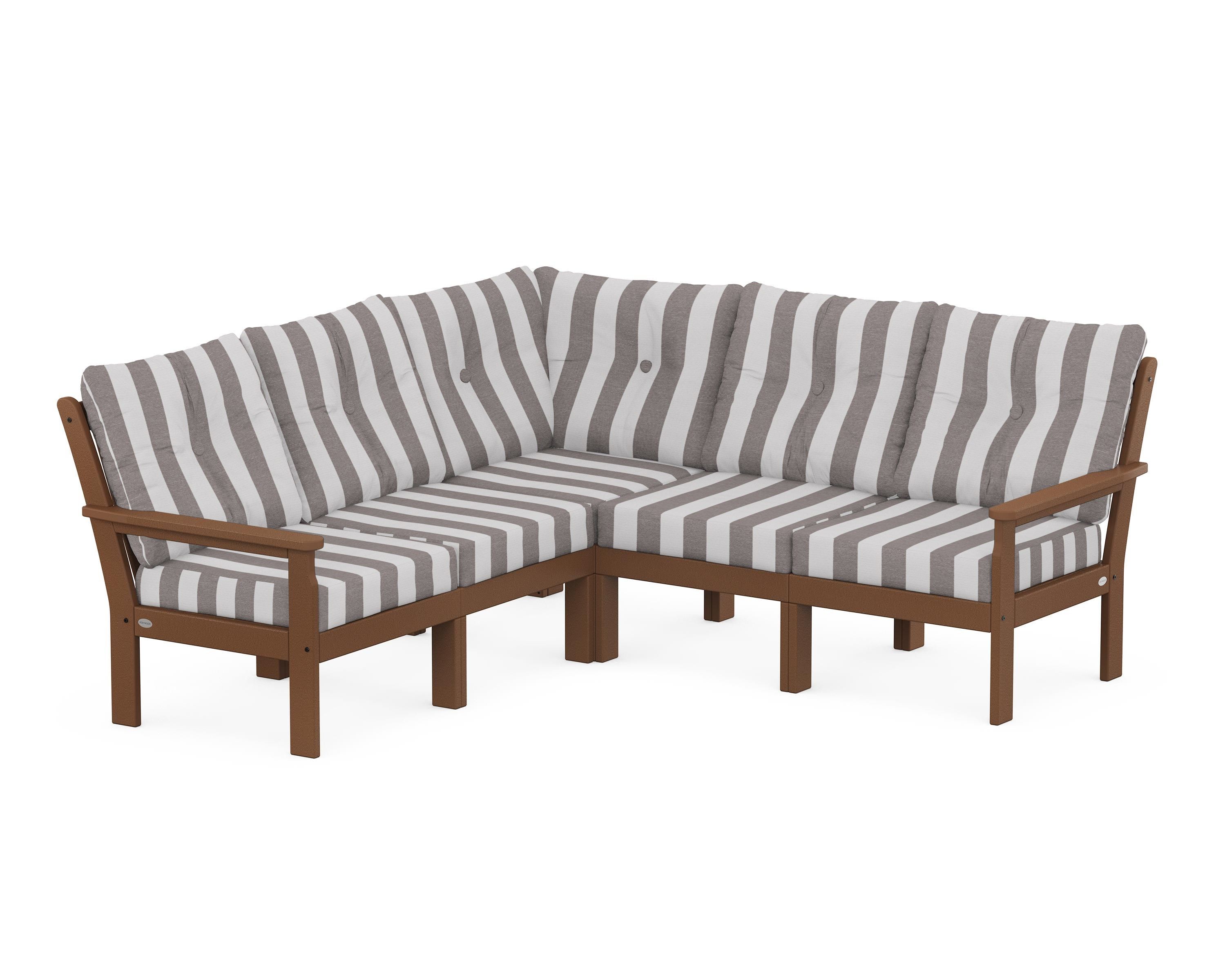 POLYWOOD® Vineyard 5-Piece Sectional in Teak / Cabana Stripe Grey Mist