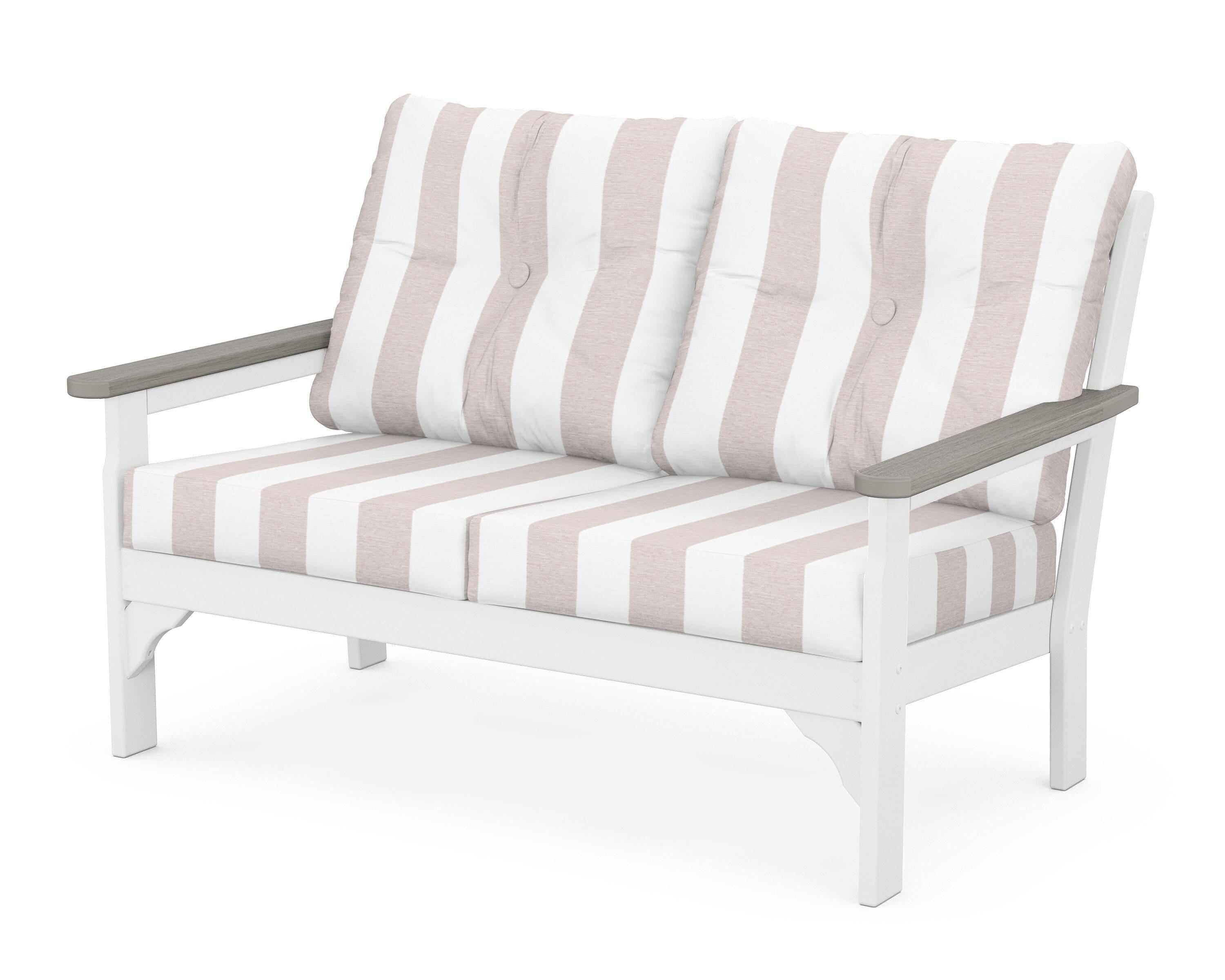 POLYWOOD® Vineyard Deep Seating Loveseat in White / Driftwood / Cabana Stripe Dune Burlap