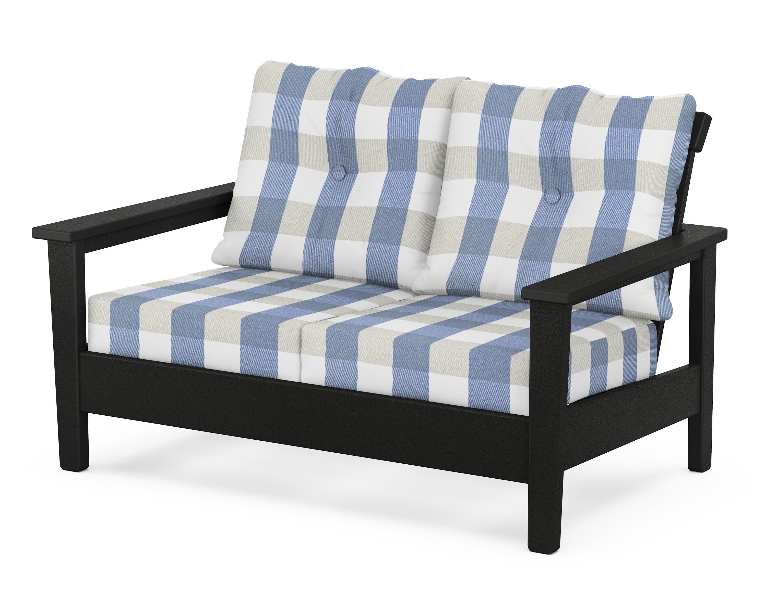 POLYWOOD® Prescott Deep Seating Loveseat in Black / Buffalo Plaid Sky Blue